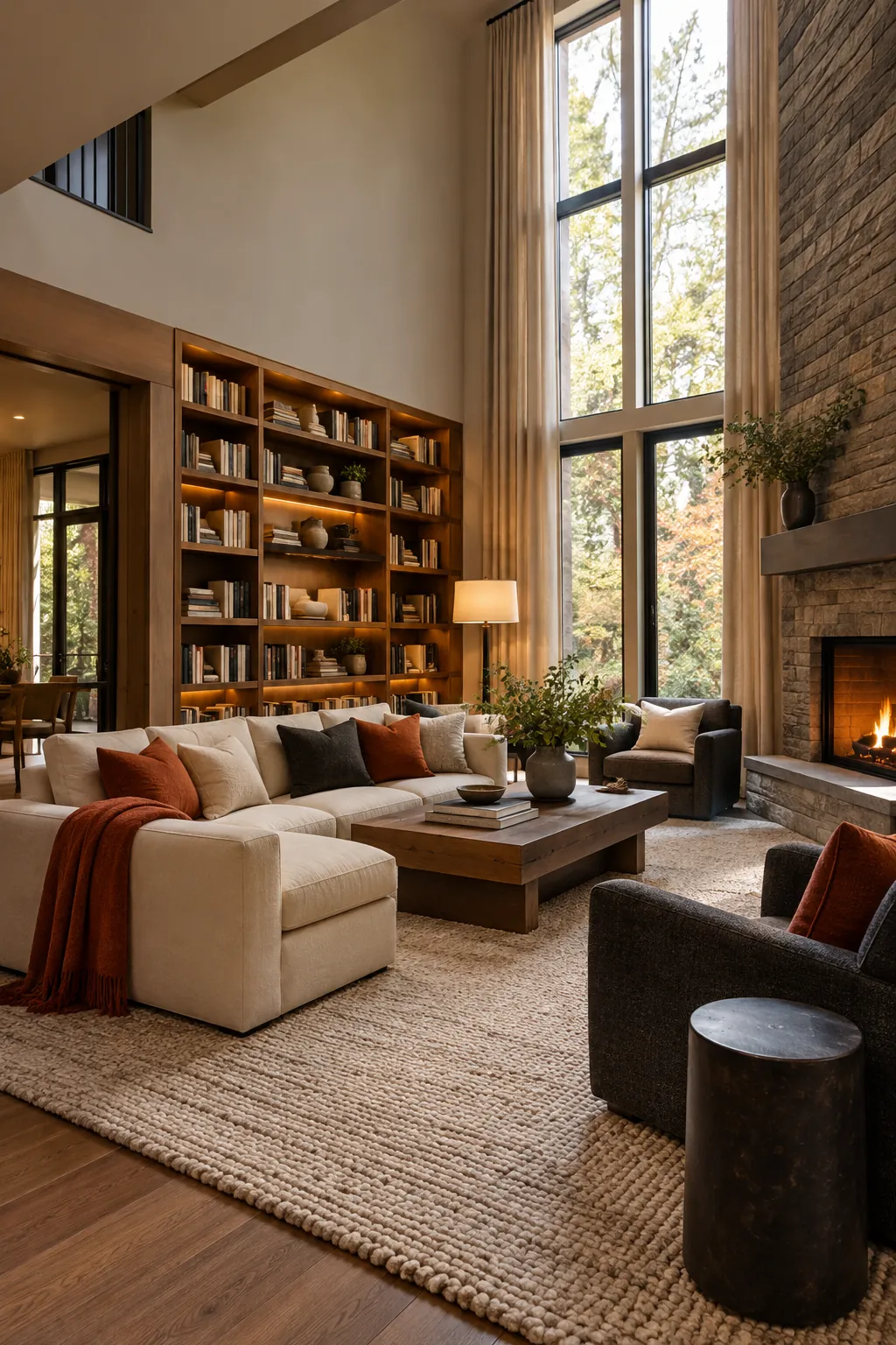Soften Echo With Fabric and Books in a cozy high ceiling living room