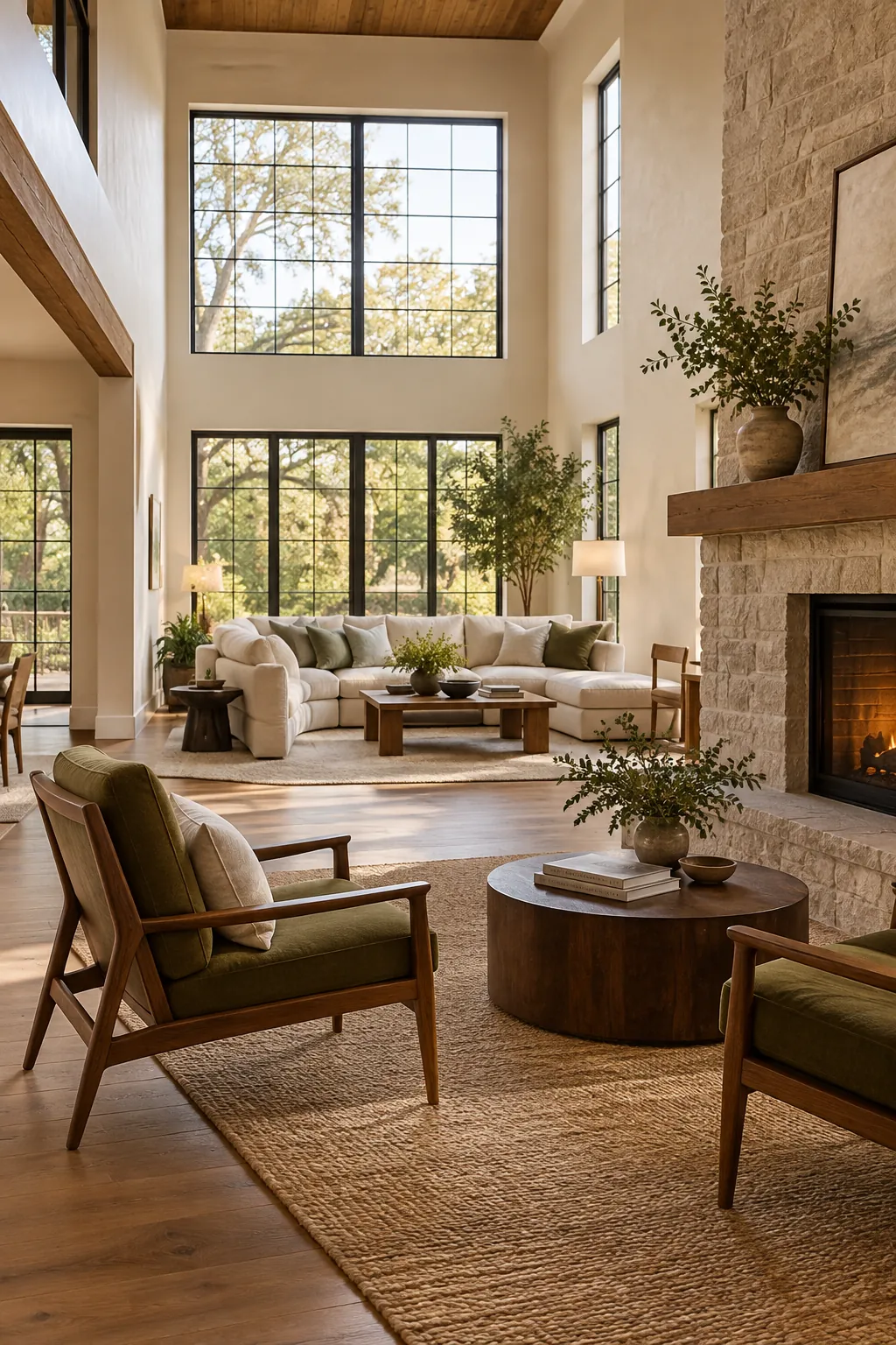 Break the Room Into Two Seating Areas in a cozy high ceiling living room