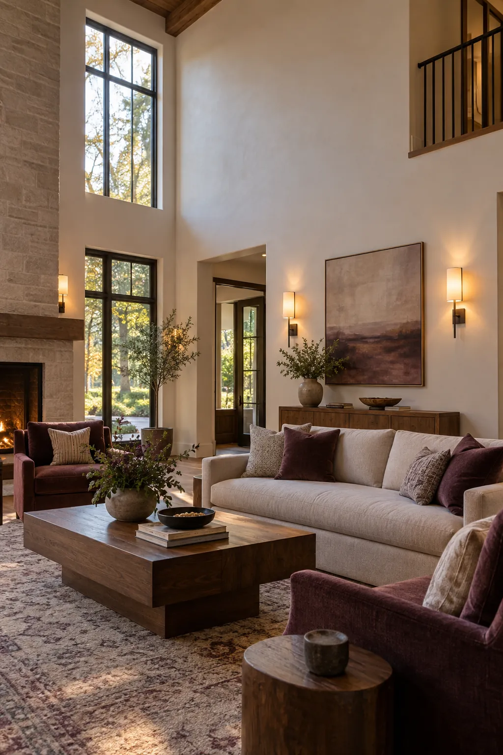 Use Wall Sconces Below the Upper Void in a cozy high ceiling living room