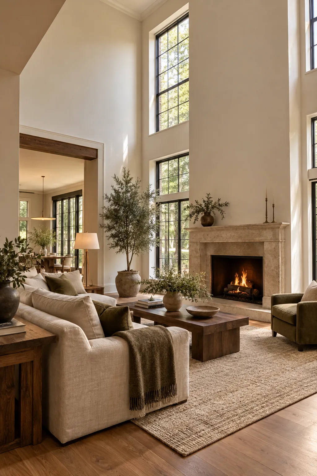Keep Upper Walls Intentionally Quiet in a cozy high ceiling living room