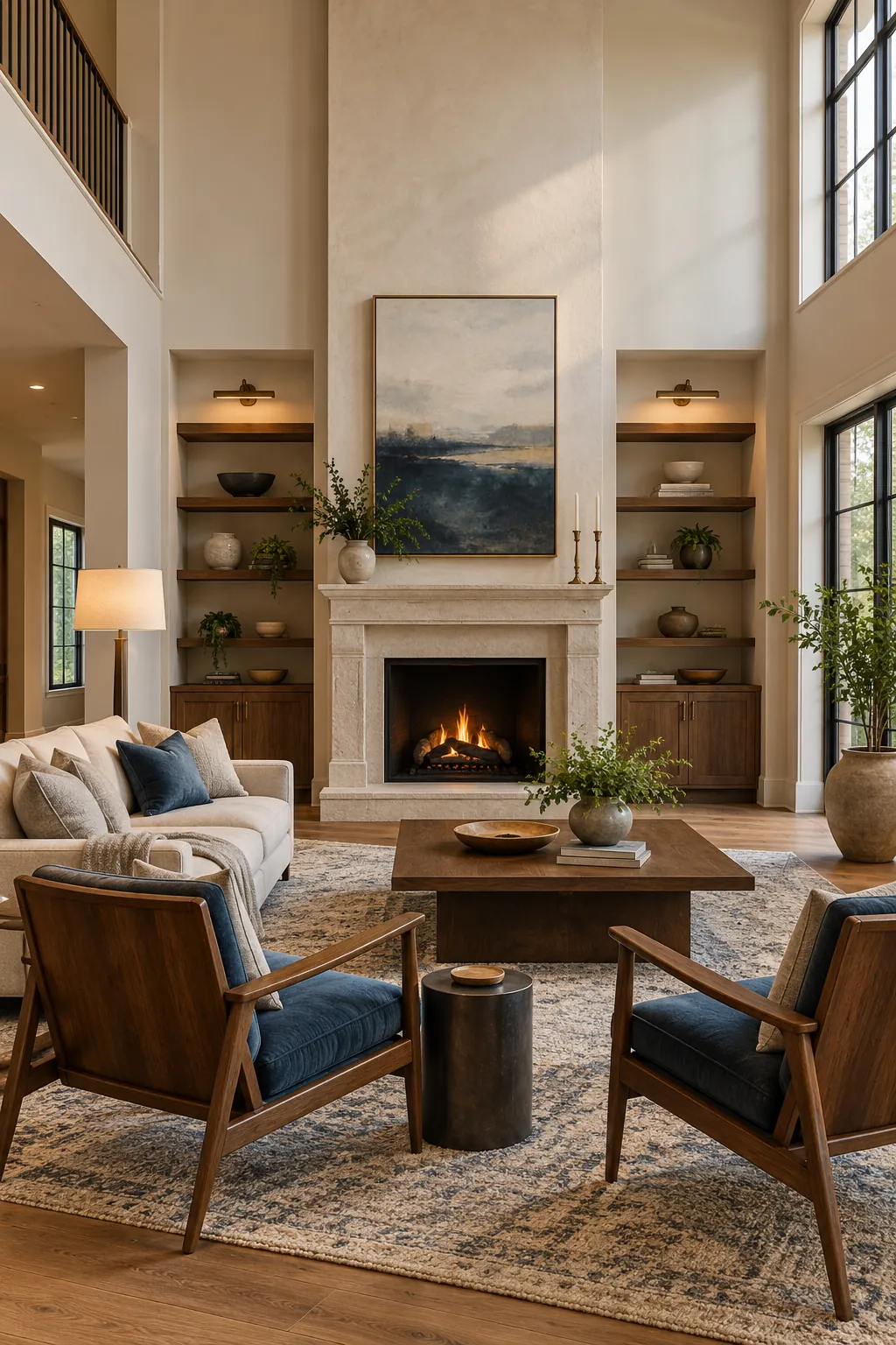 Frame the Fireplace With Balanced Mass in a cozy high ceiling living room