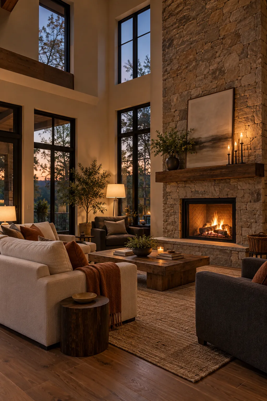 Finish With Warm Pools of Evening Light in a cozy high ceiling living room