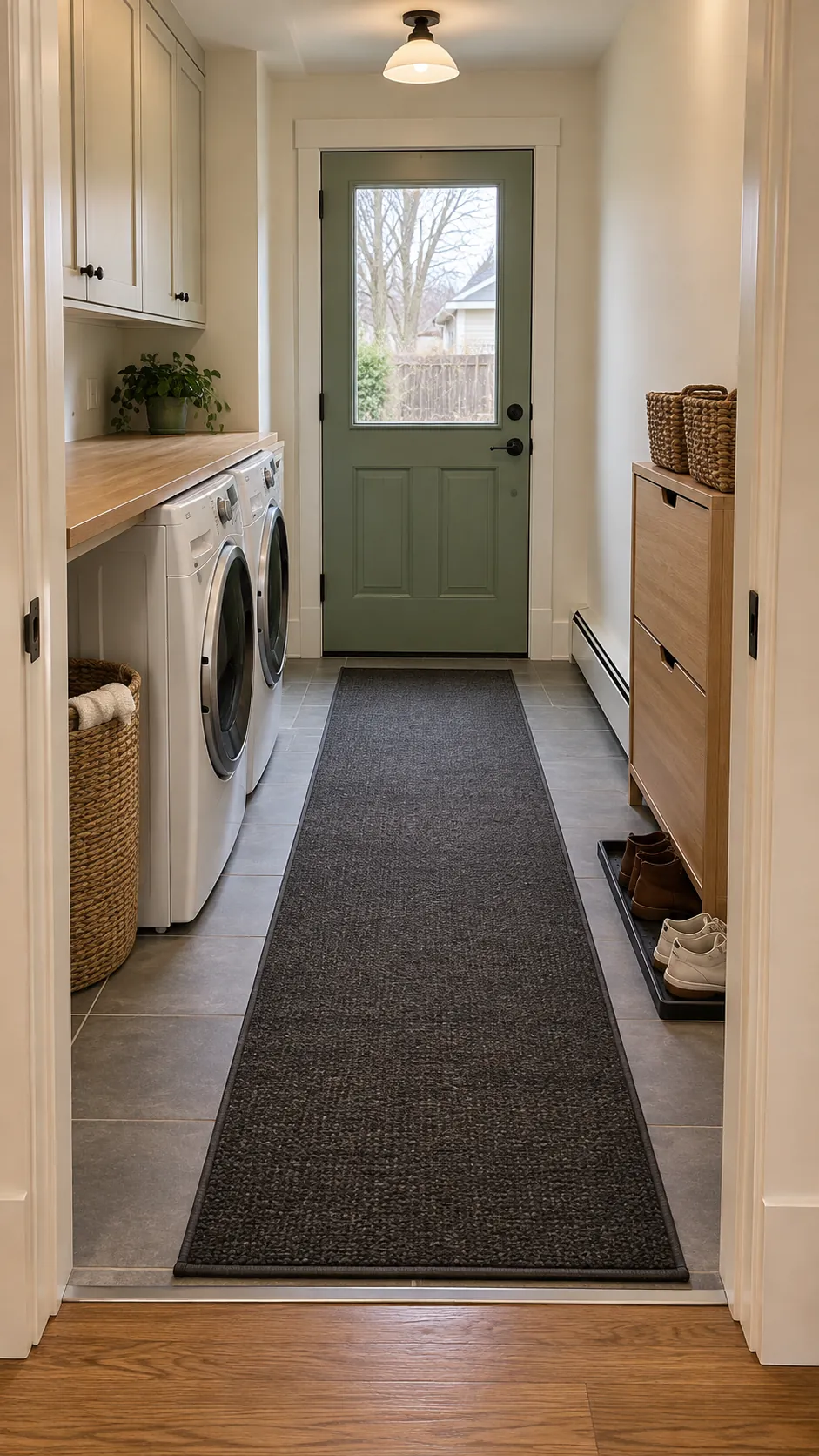Small laundry entry with a direct clear path between both doors