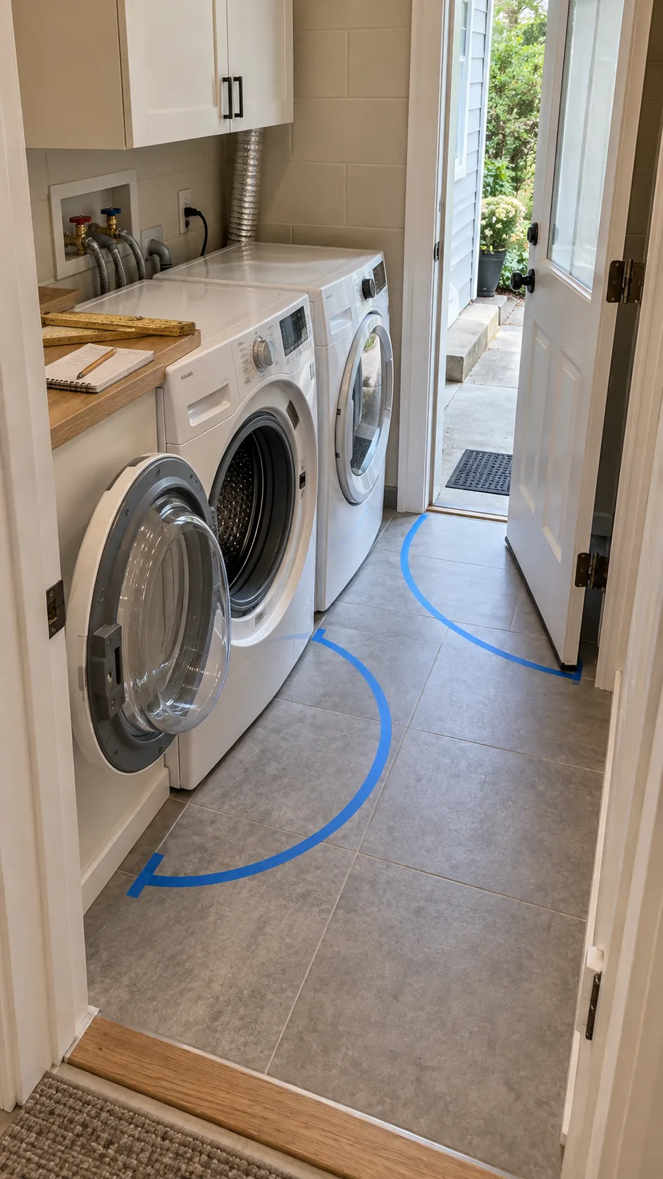 Compact washer dryer entry layout with safe door clearances