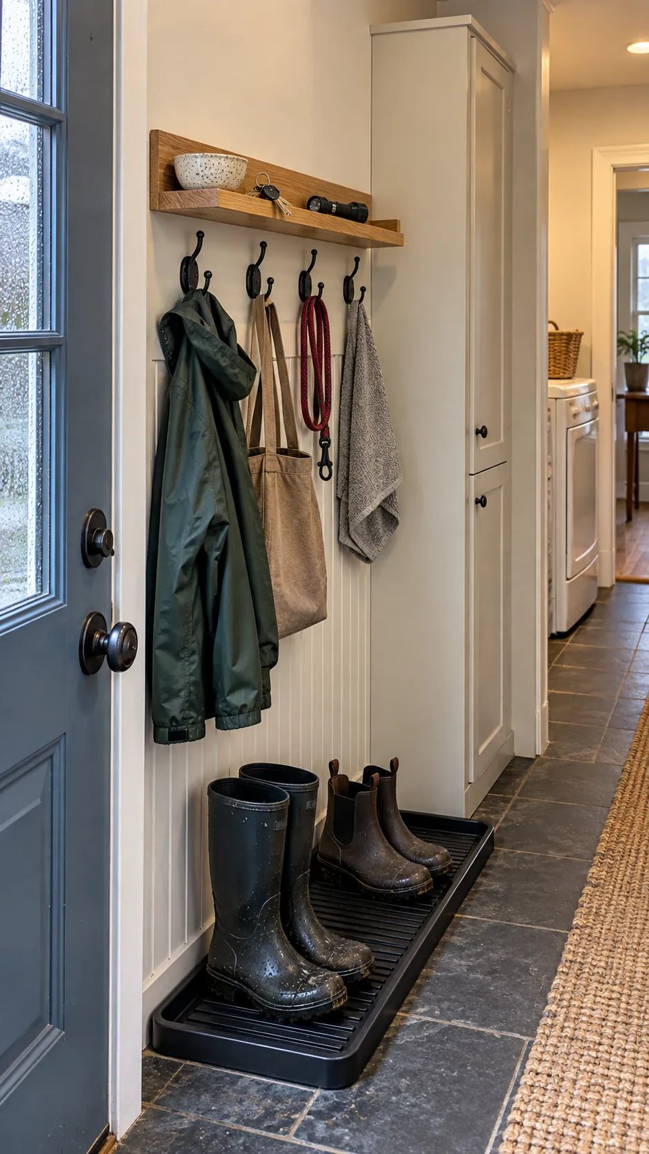 Narrow laundry room drop zone with hooks shoe tray and key shelf