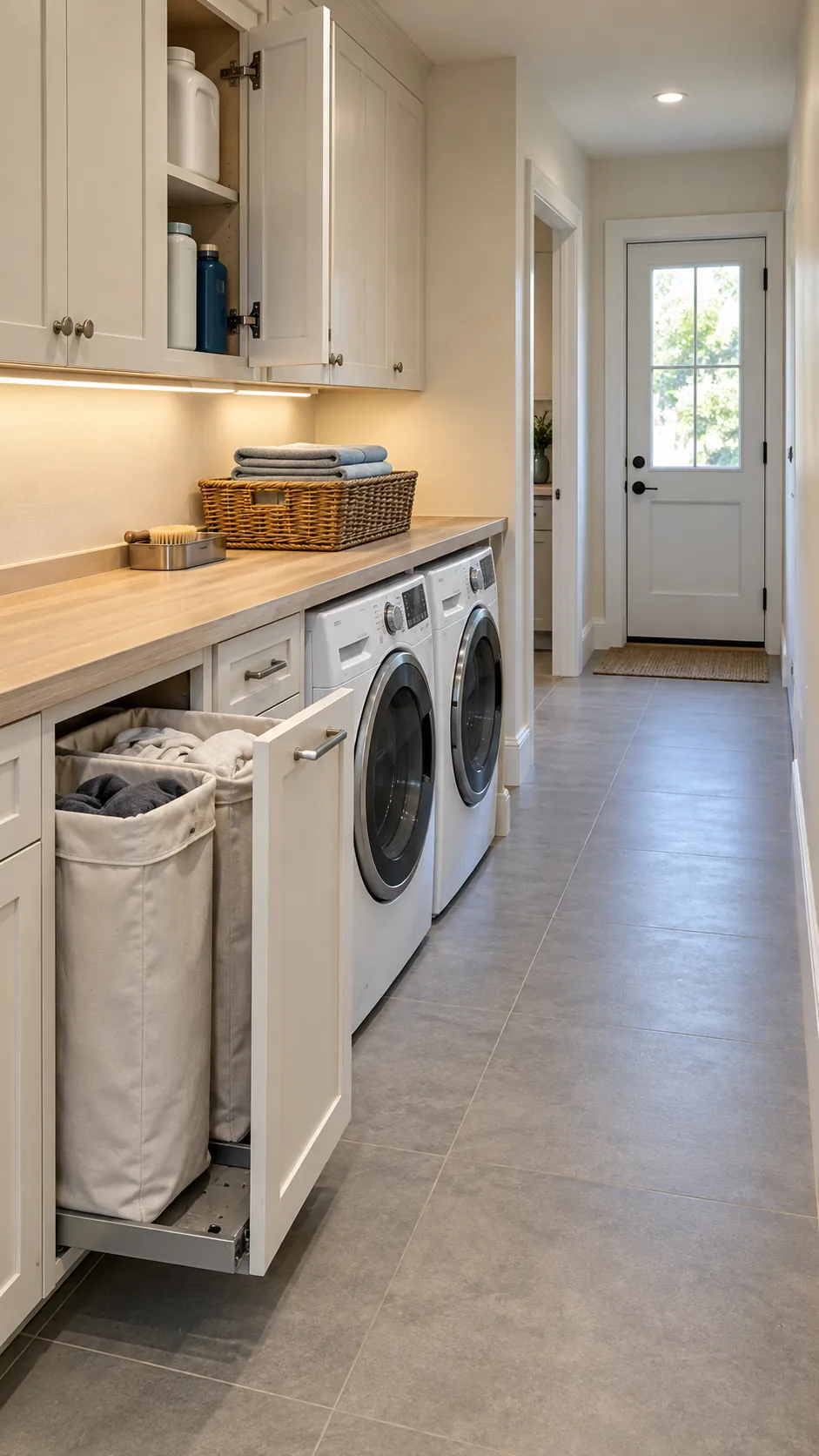 Laundry work supplies and folding surface contained on one side