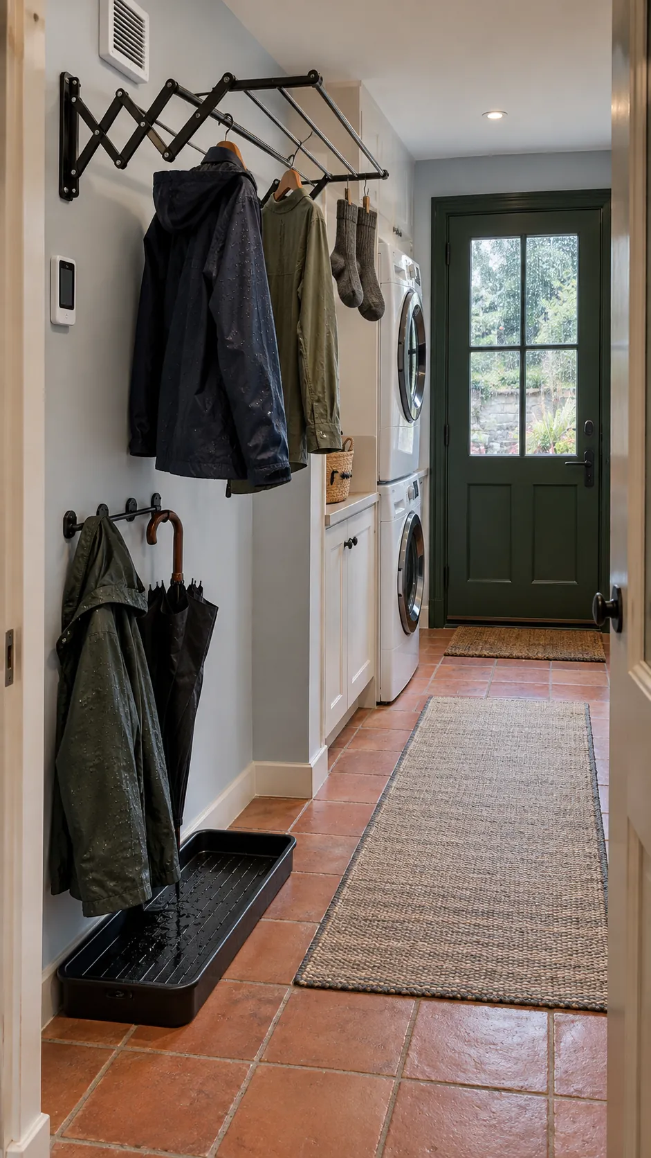 Wall drying rack and wet gear tray kept clear of the entrance path
