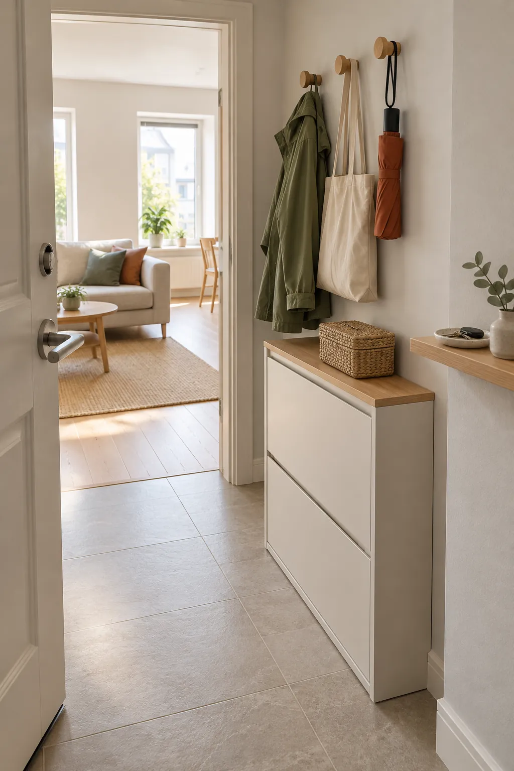 Organized small entryway with slim storage and a clear walking path