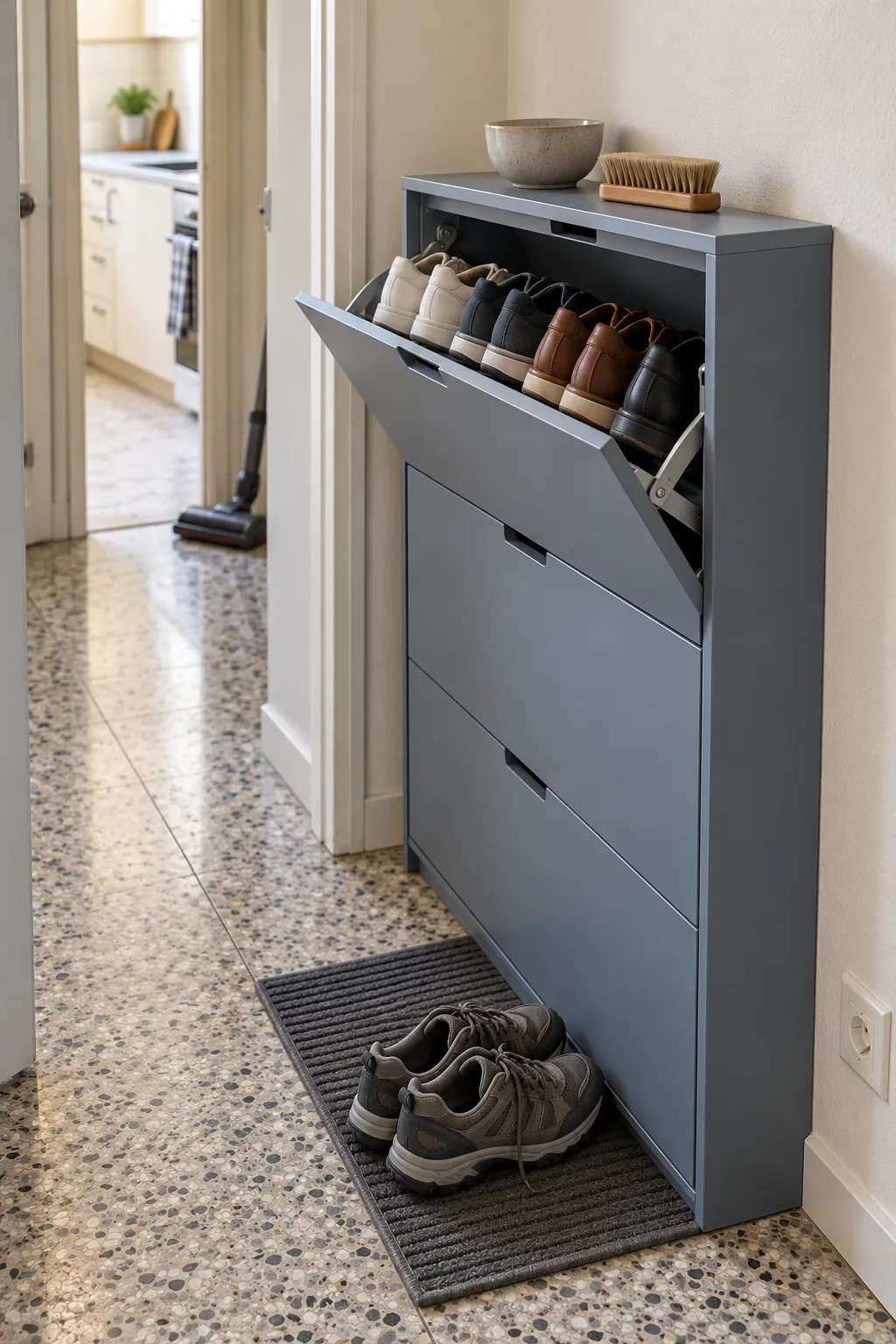 Slim shoe cabinet organizing everyday footwear in a compact entryway