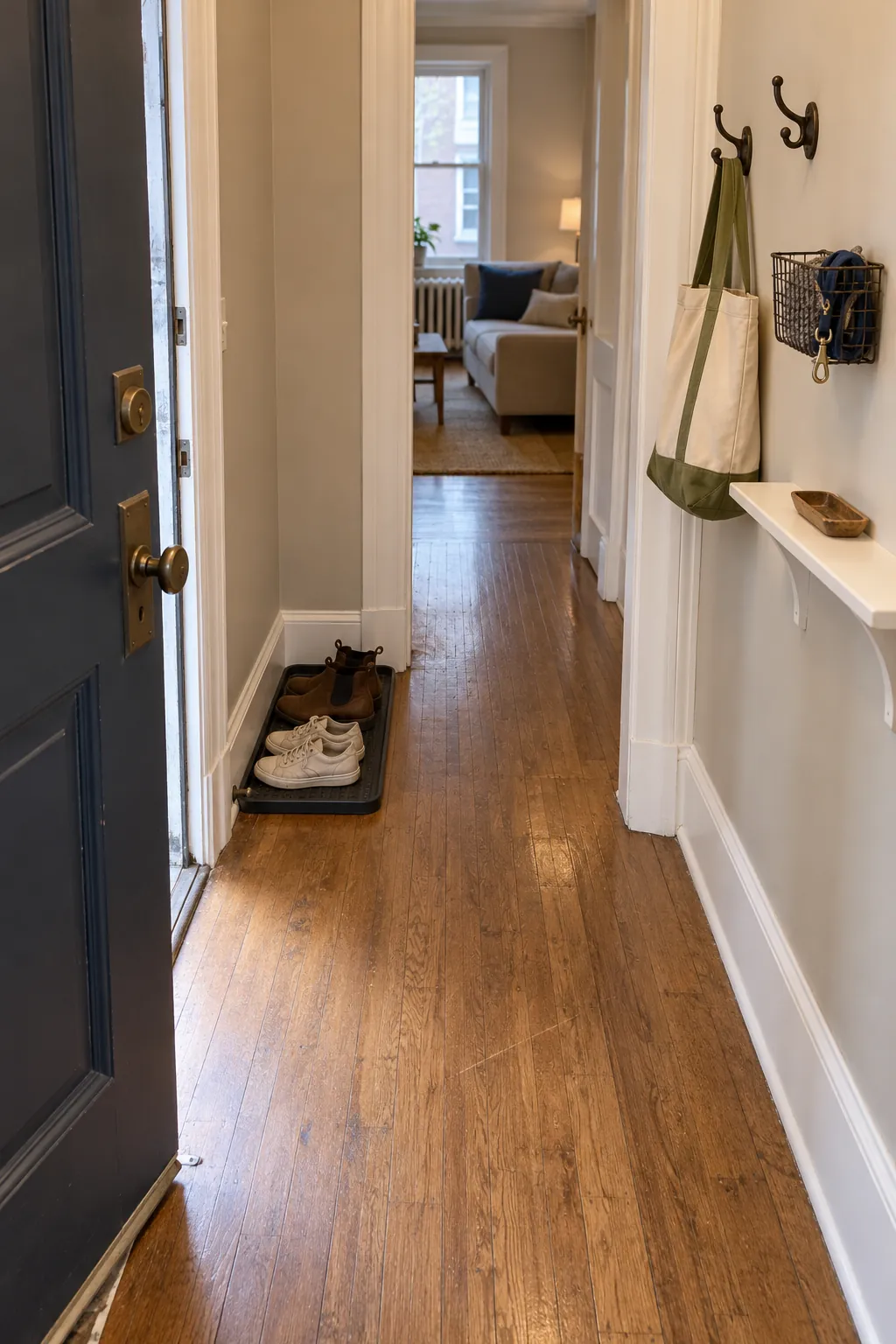 Narrow apartment entryway with a clear walking path and shallow wall storage