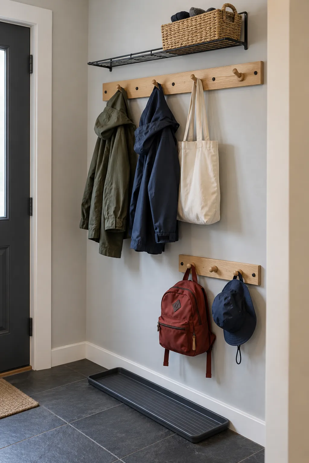 Entryway wall hooks and baskets arranged for coats bags and small accessories