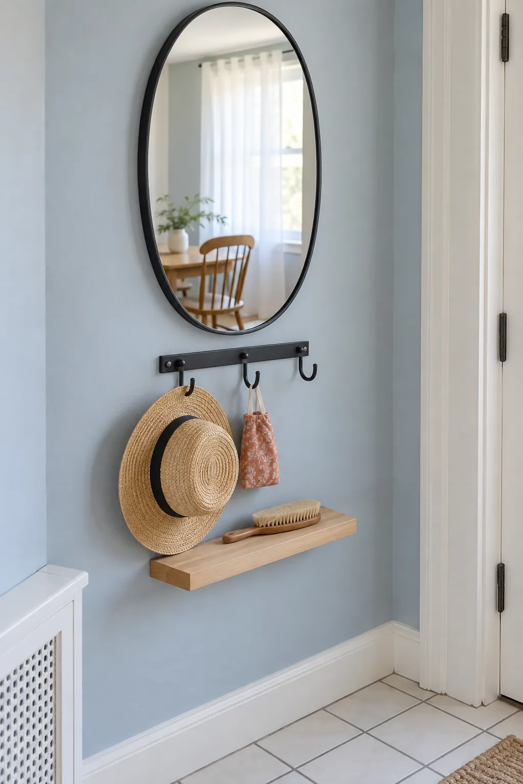 Entryway mirror with hooks reflecting natural light in a compact apartment foyer