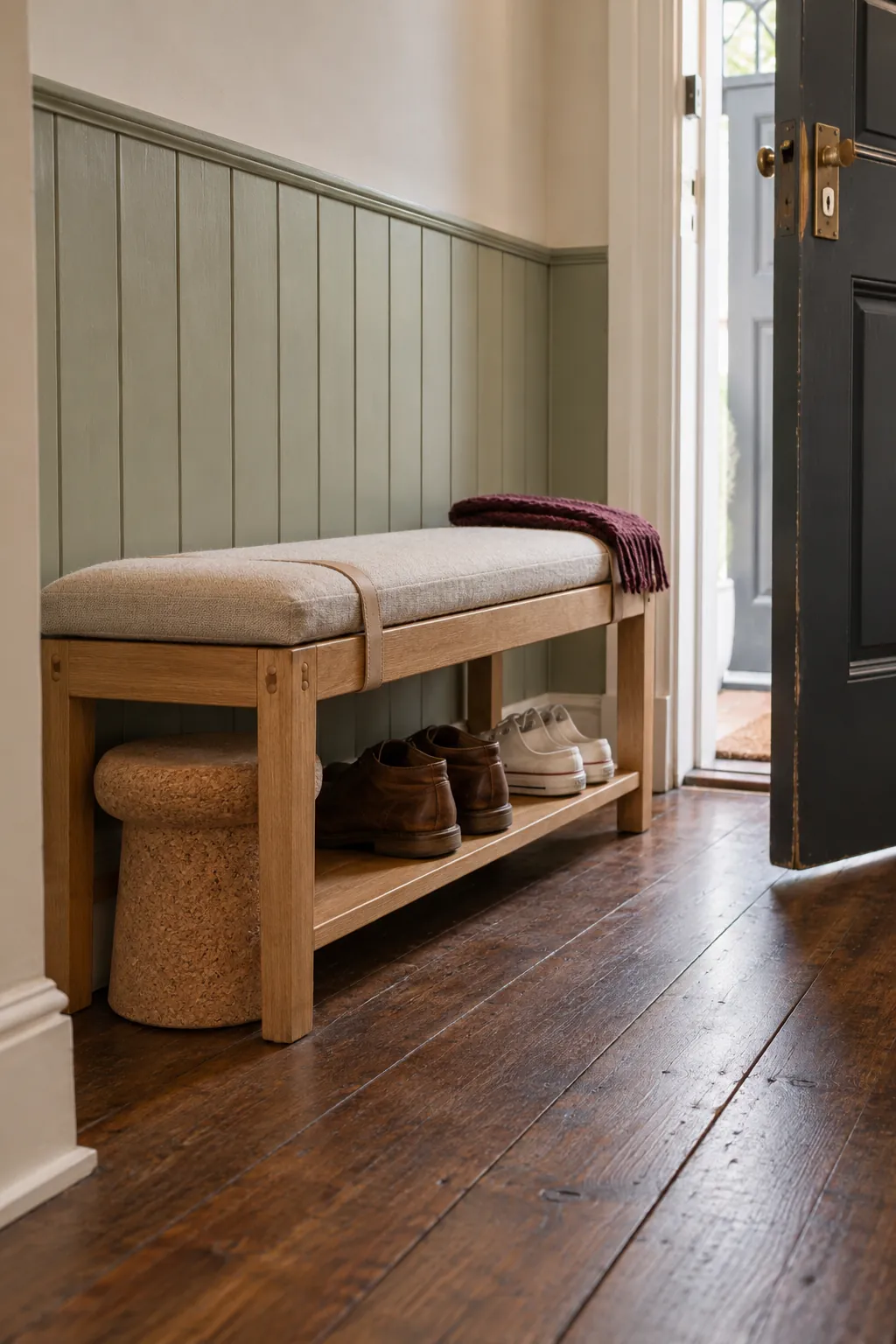 Compact entryway bench with useful shoe storage in a small foyer