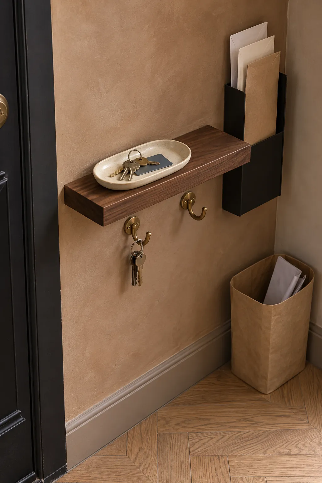 Wall mounted entryway shelf organizing keys mail and daily essentials