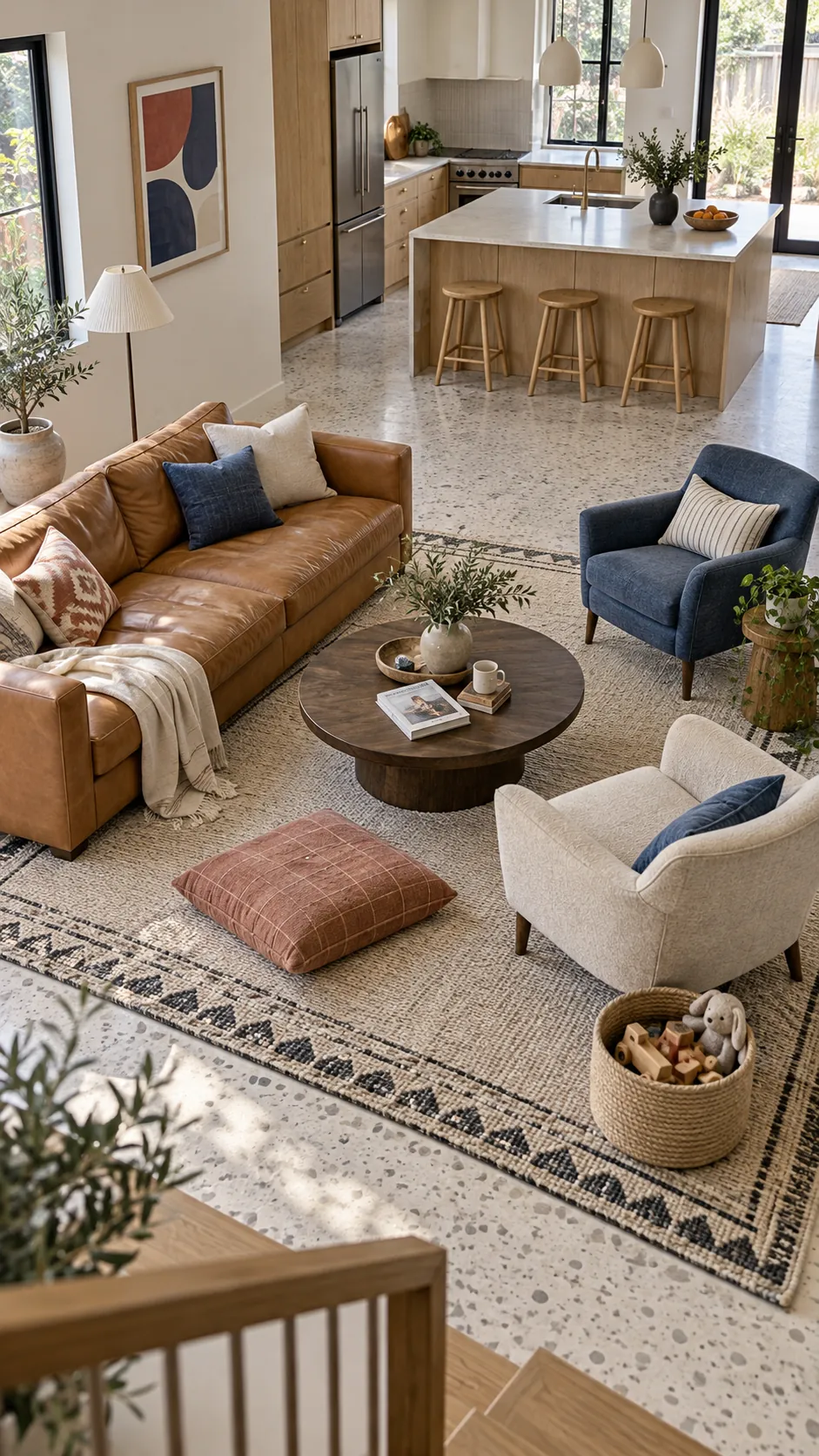 Large area rug defining living room seating beside an open kitchen