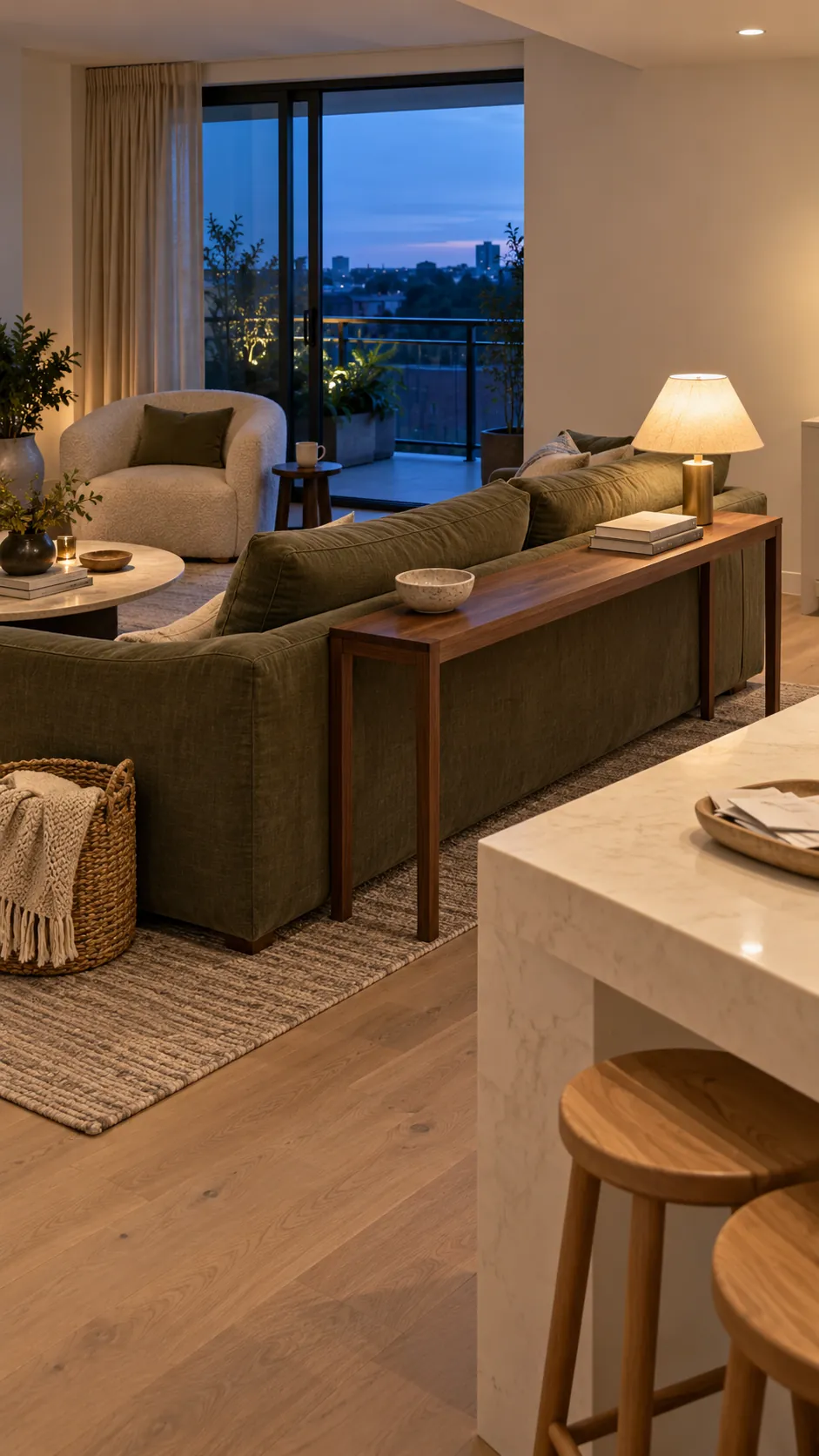 Floating sofa and slim console separating an open kitchen from a living room