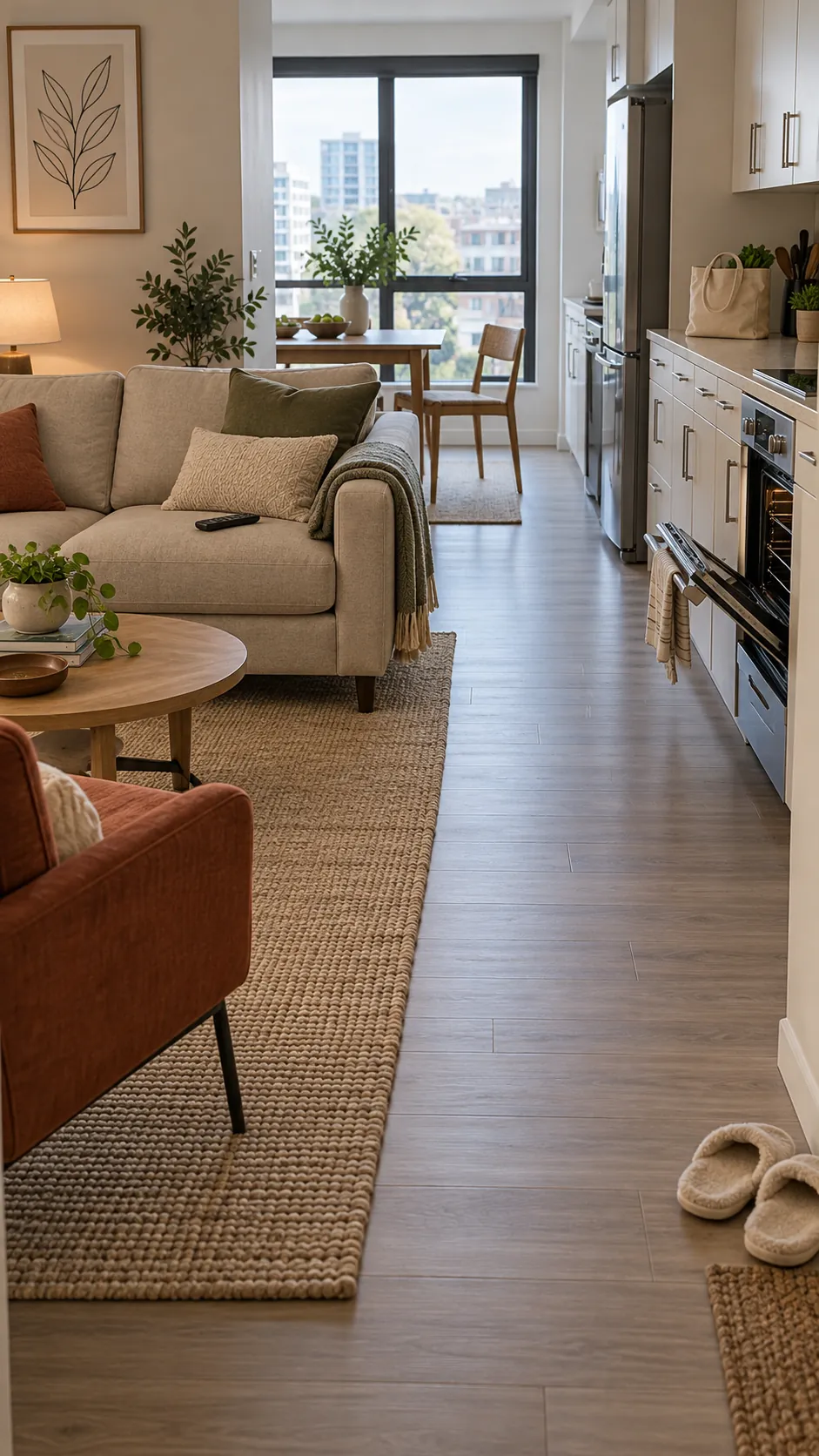 Open plan living room layout with a clear walkway between the sofa and kitchen