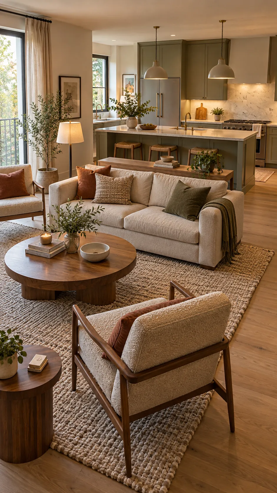Open plan living room separated from the kitchen with a floating sofa and large rug