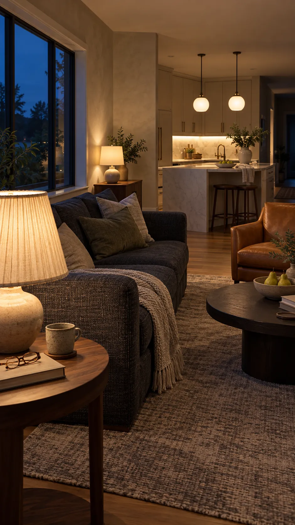 Warm living room lamps creating a separate zone beside bright kitchen task lights