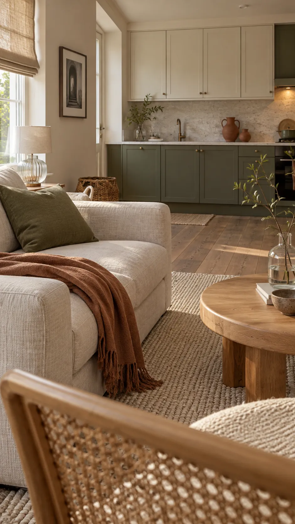 Coordinated colors and softer textures marking a living room kitchen transition