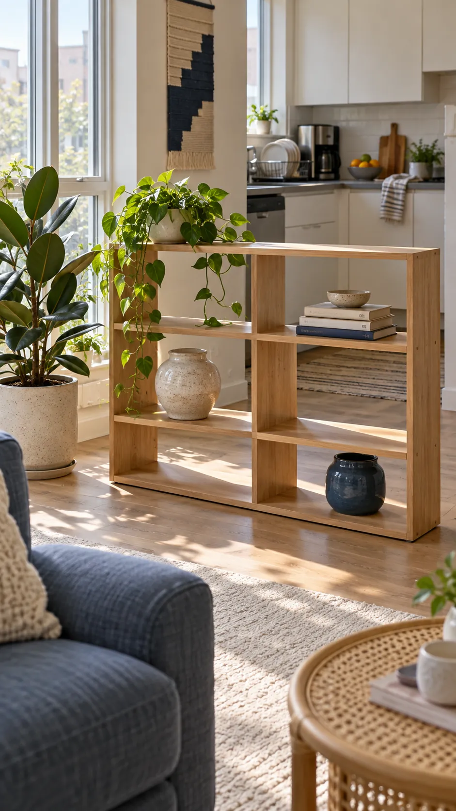 Open shelf and plants screening kitchen clutter from a living room