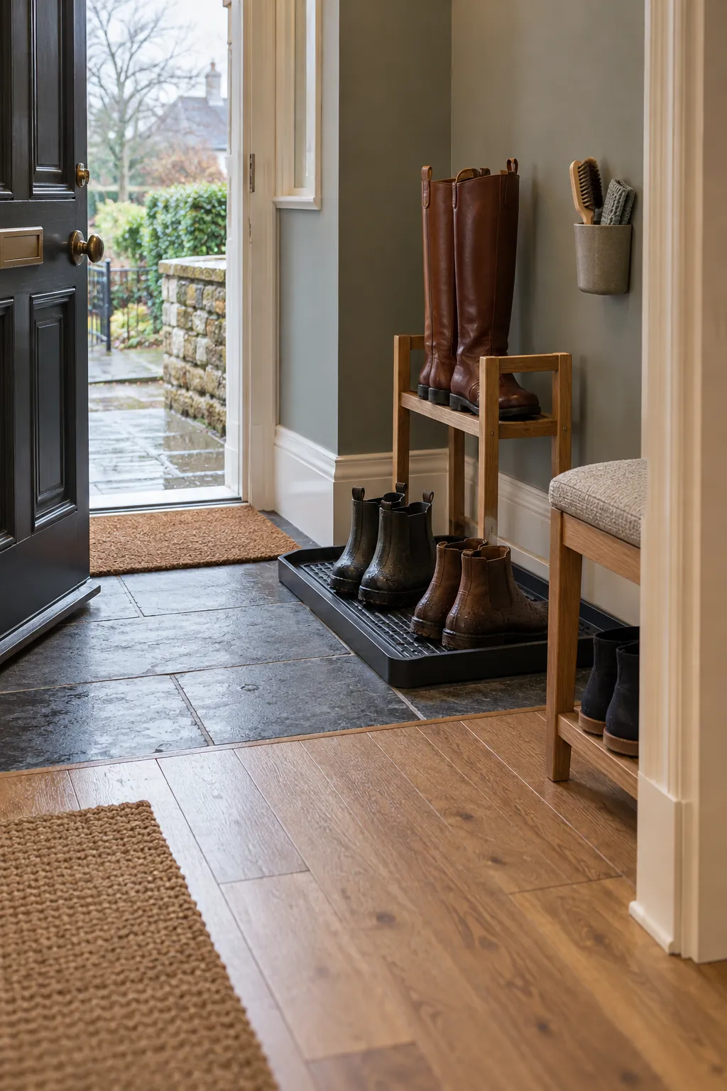 Organized entryway with boot tray tall boot rack and open walking path