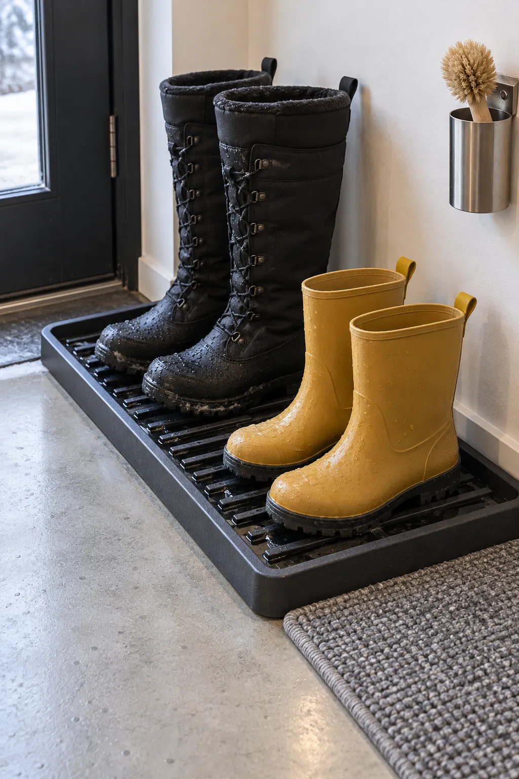 Raised edge boot tray containing water from wet winter boots