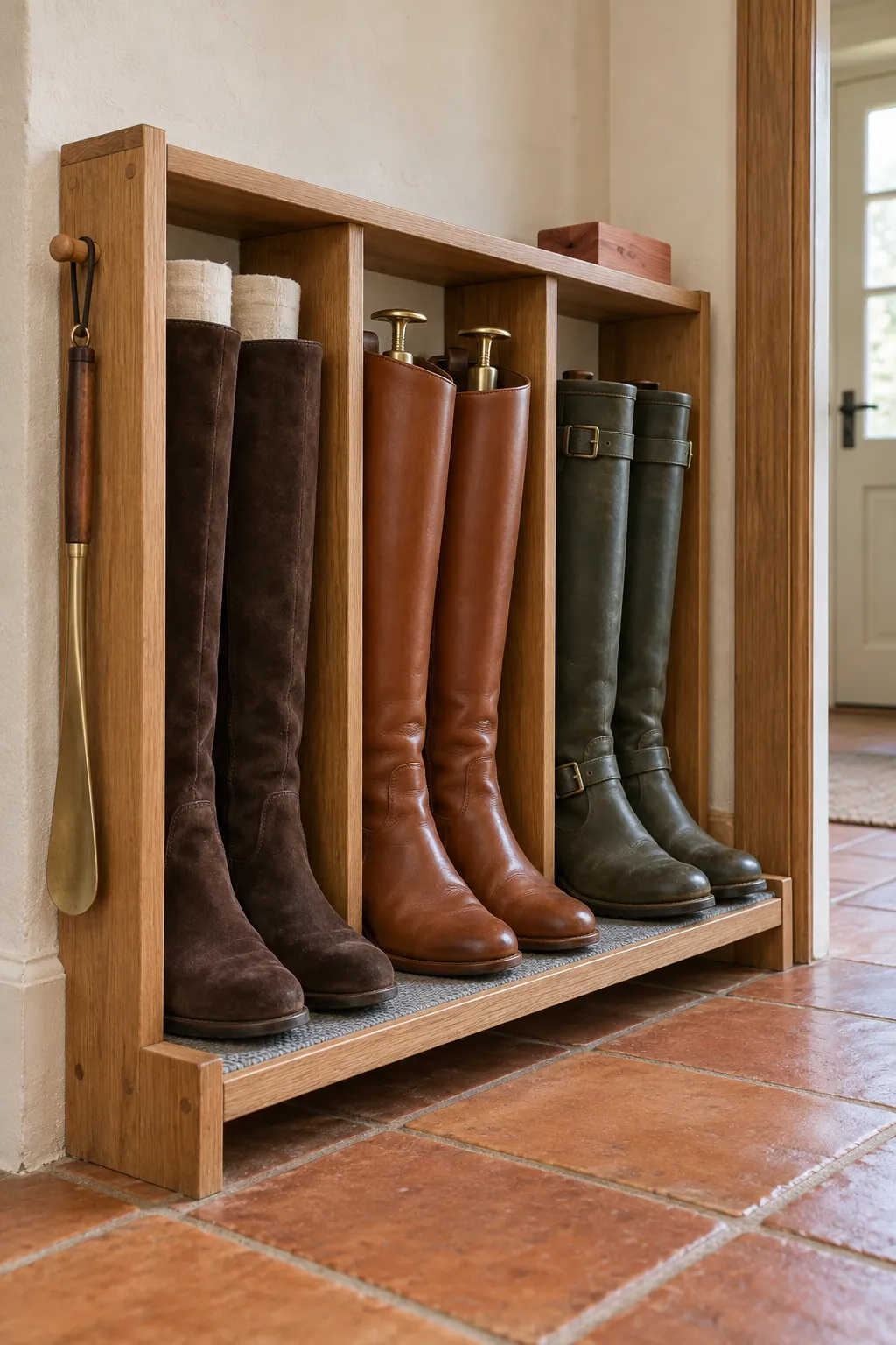 Tall boot rack supporting boot shafts upright in a compact entryway