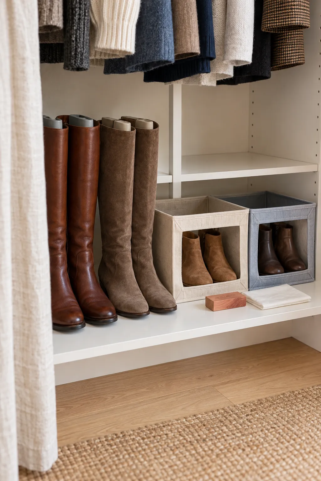 Clean off season boots stored upright in breathable closet containers
