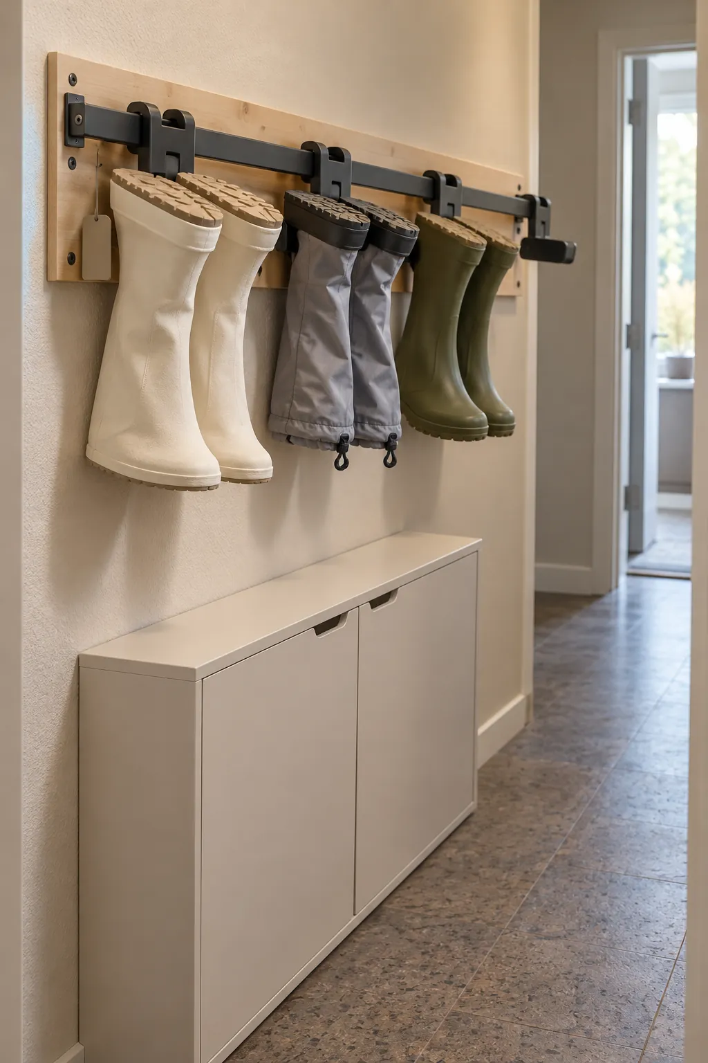 Wall mounted hangers storing clean lightweight boots in a narrow hallway