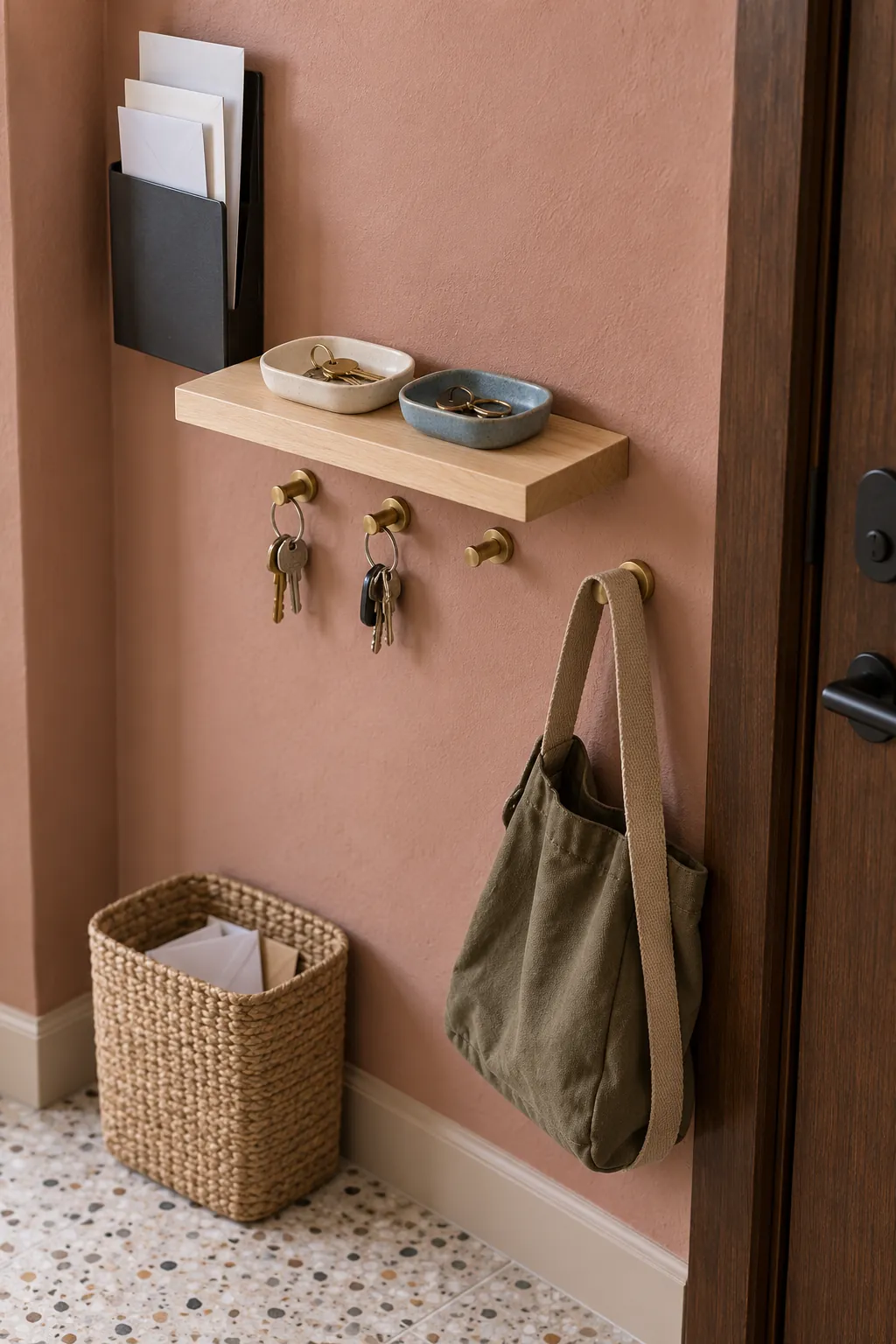 Compact entryway drop zone with keys bag and mail storage