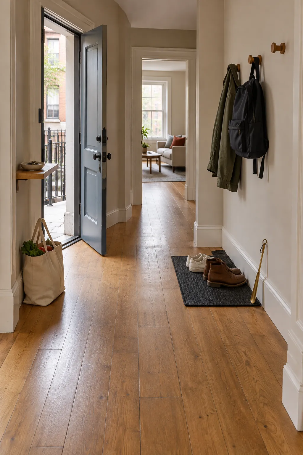 Compact entryway arranged into clear zones along the arrival path