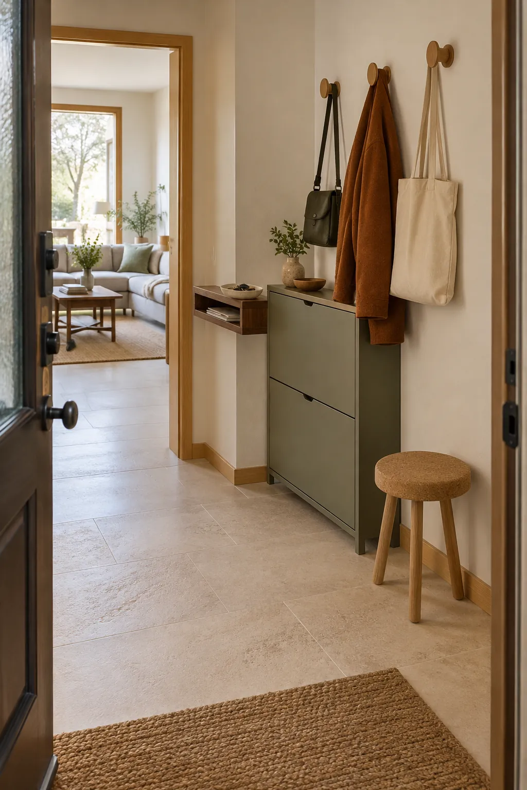 Organized entryway with a compact drop zone closed shoe cabinet and clear floor