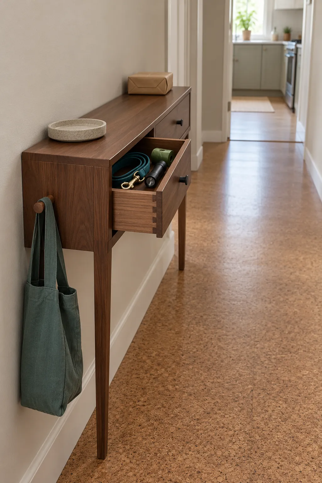 Shallow console with limited drawers in a narrow entryway