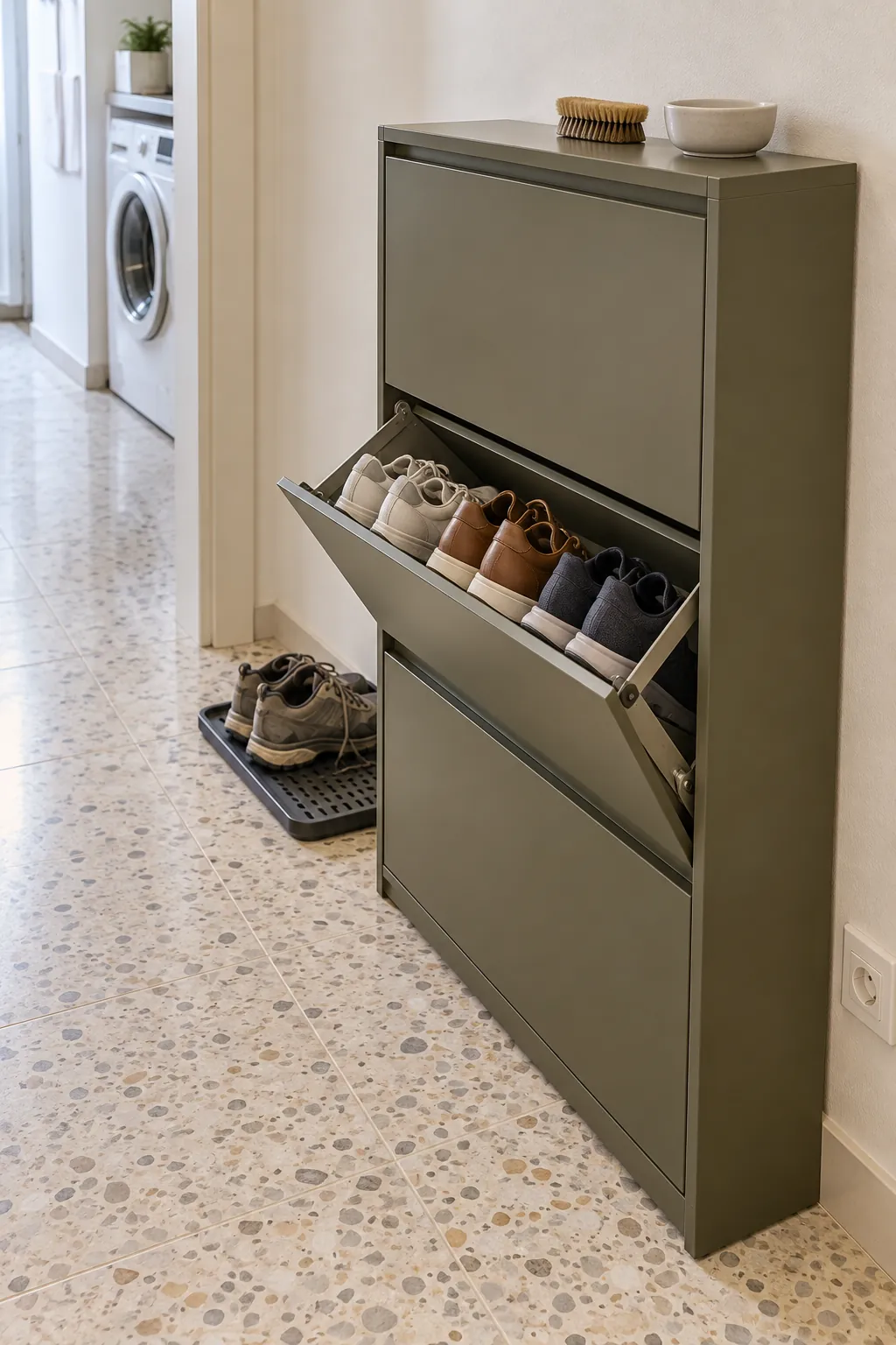 Closed shoe cabinet holding the active footwear collection in a small foyer