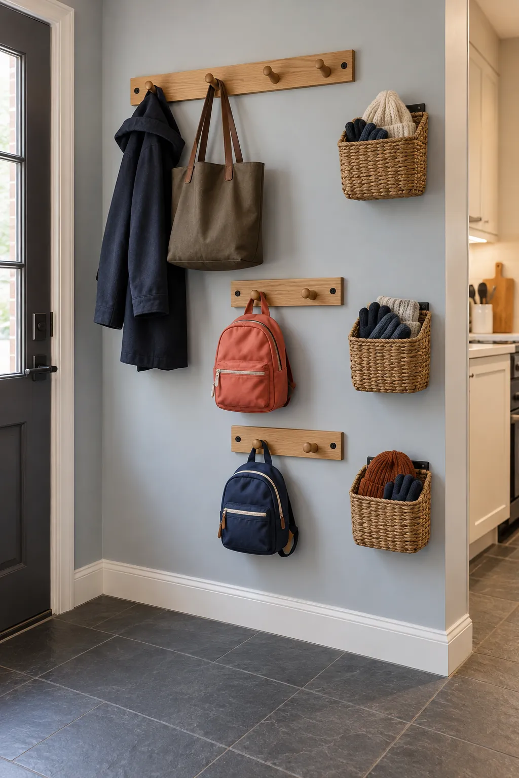 Family entryway hooks and baskets placed at reachable heights