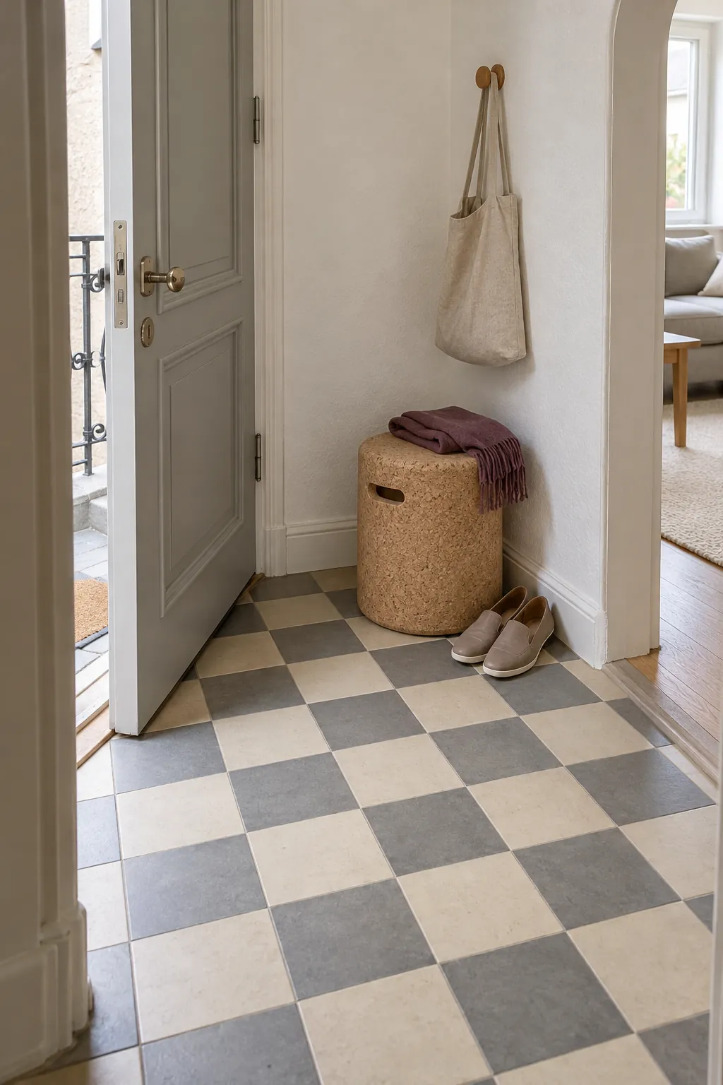Small foyer stool leaving room to sit turn and open the door