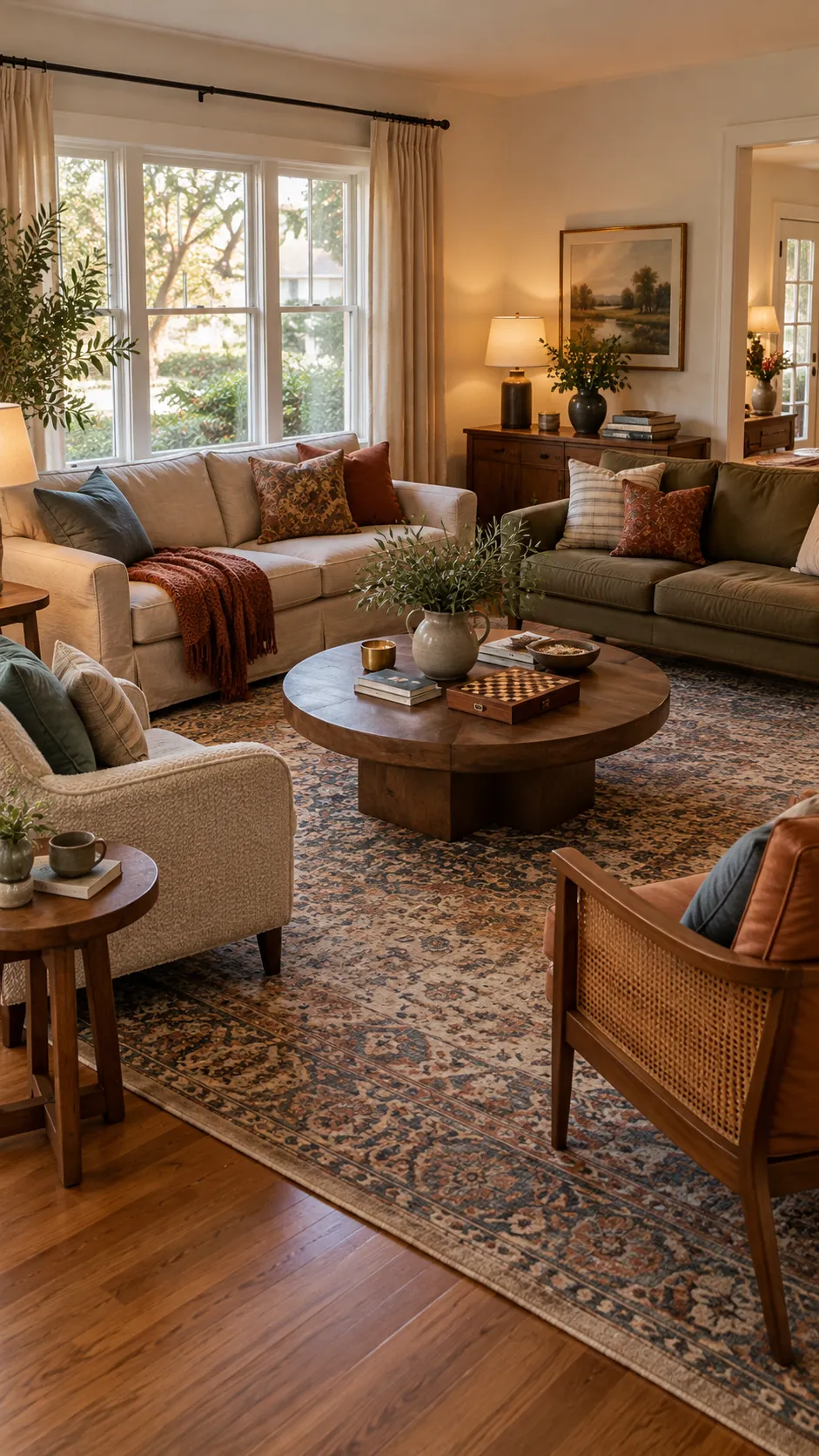 Family living room arranged with sofas and chairs for face to face conversation