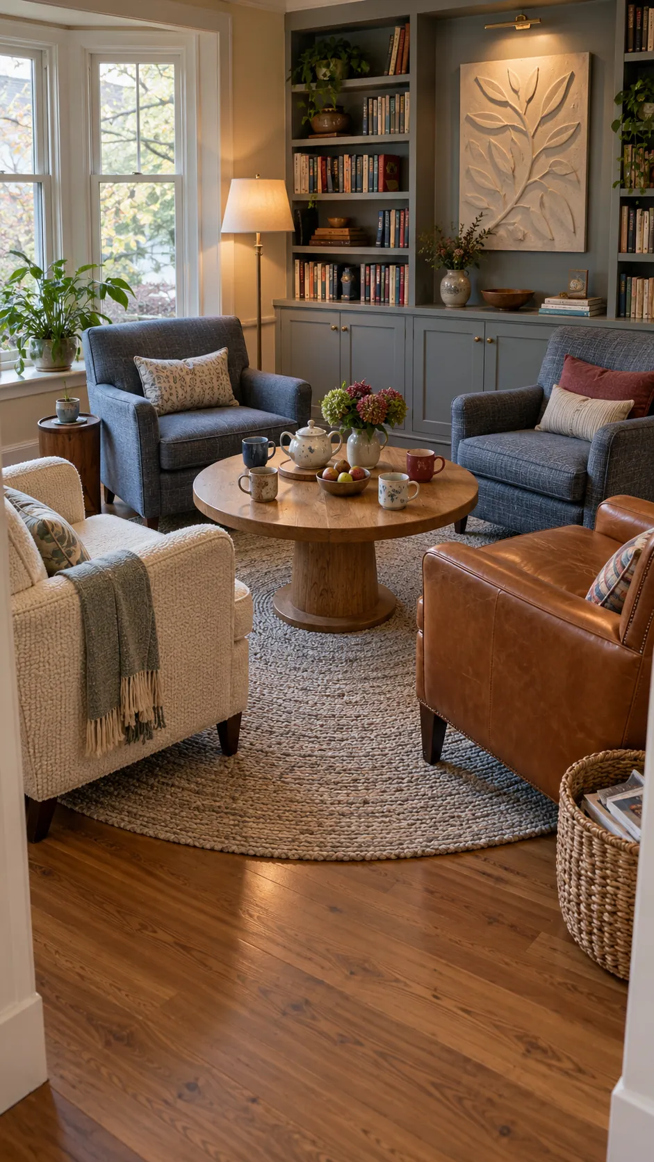 Four comfortable chairs arranged around a round coffee table