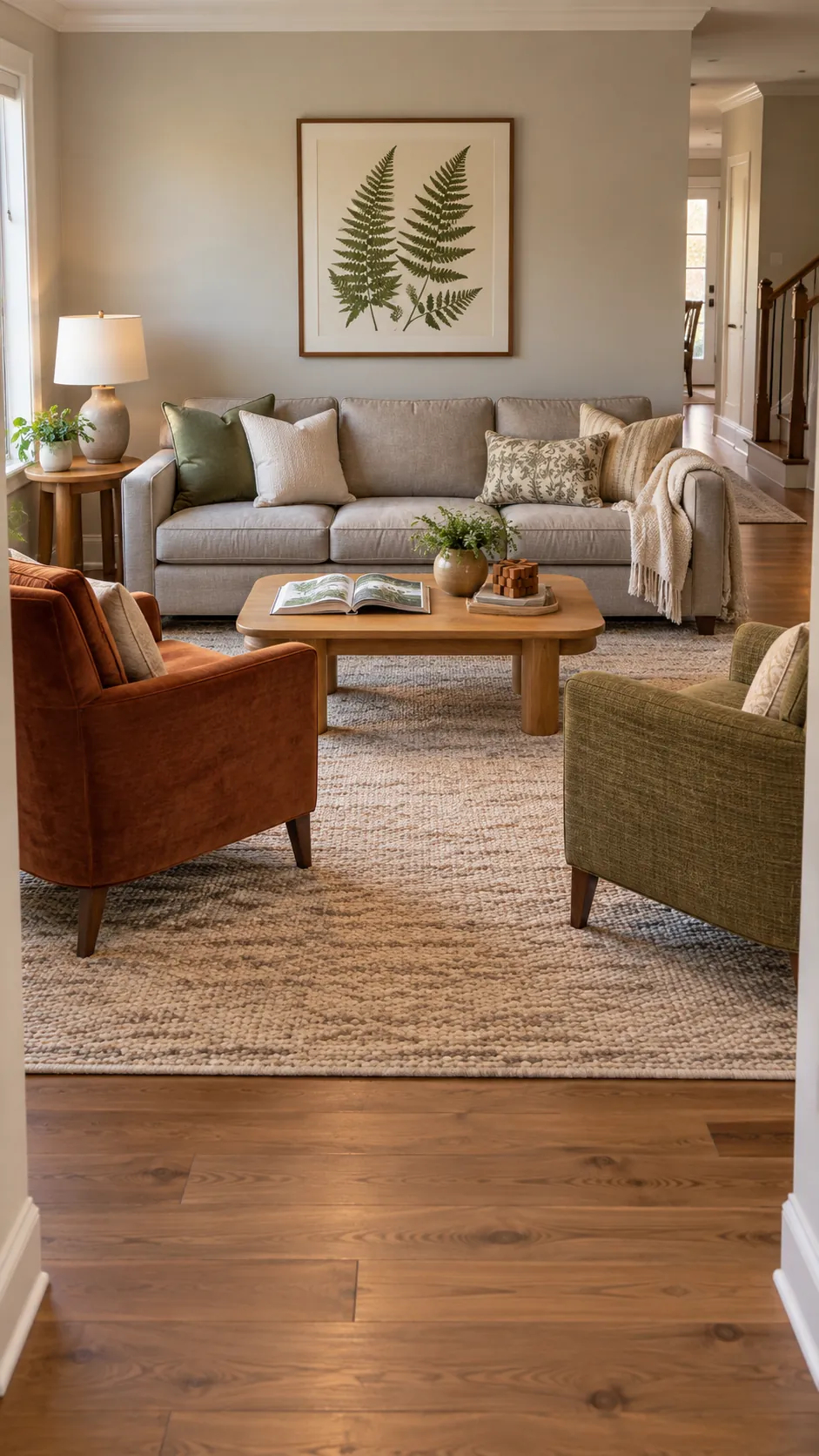 Sofa paired with two angled chairs for family conversation