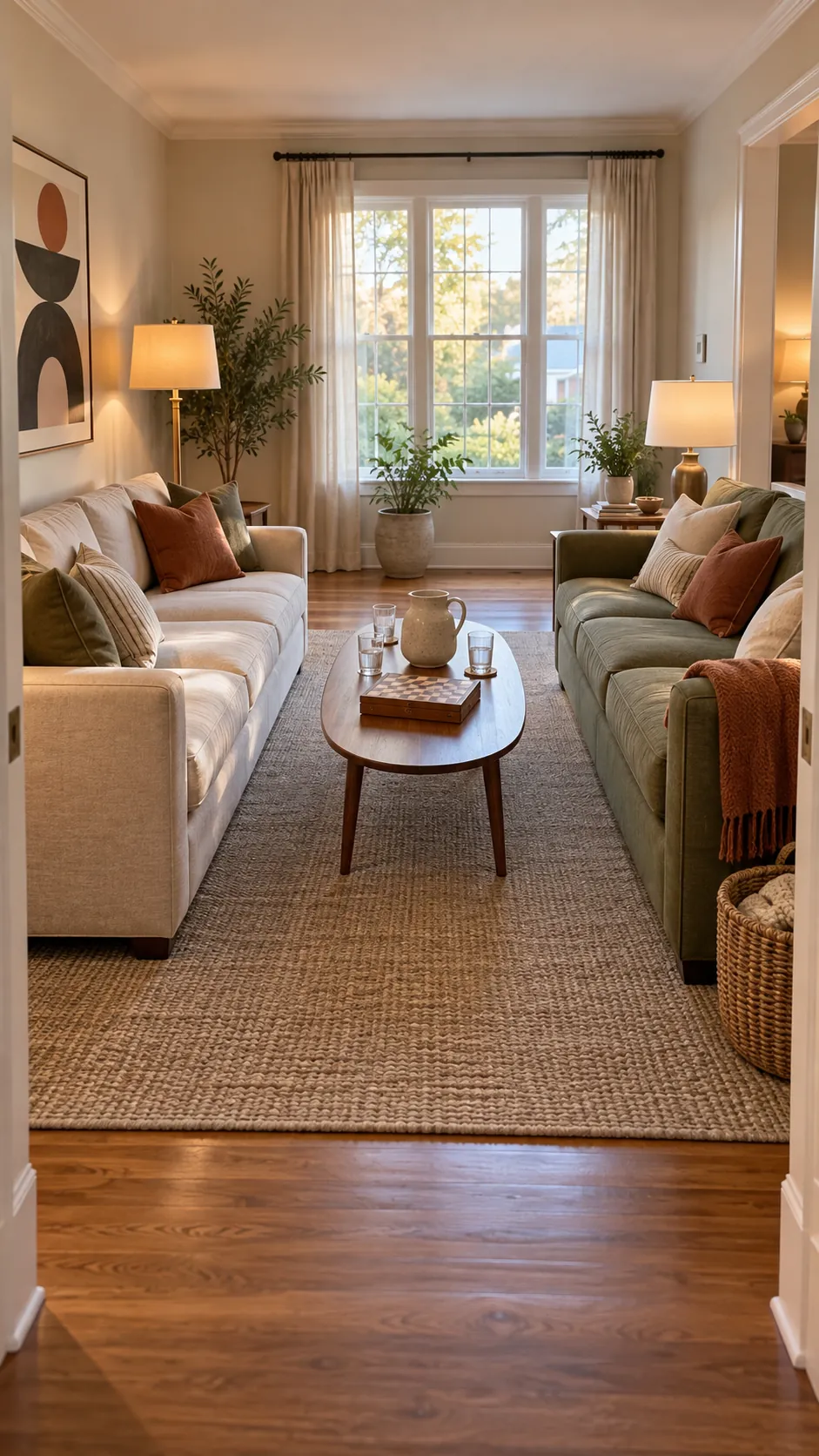 Two sofas facing each other across a coffee table in a family living room