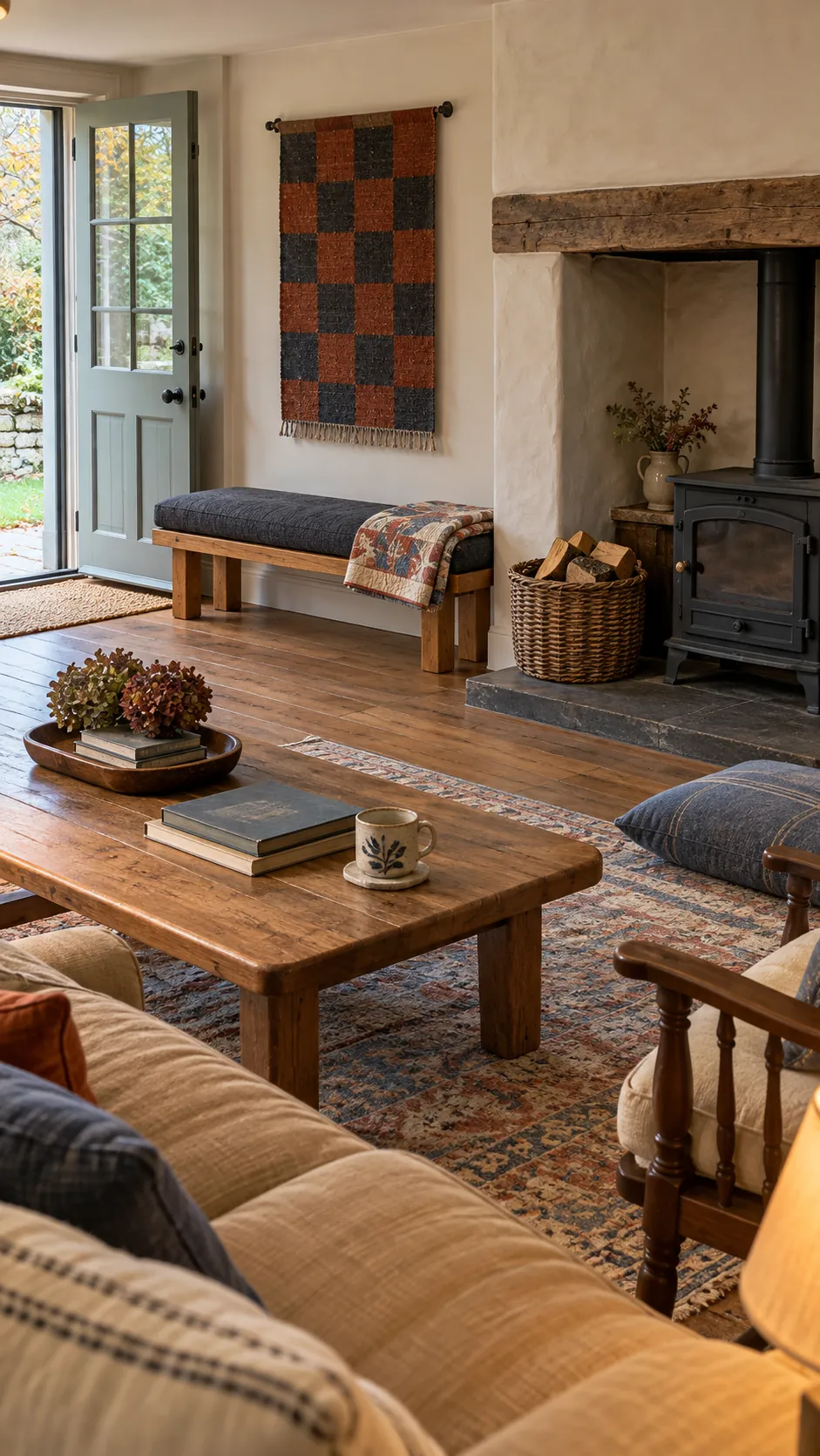 Cushioned bench adding family seating beside a living room hearth
