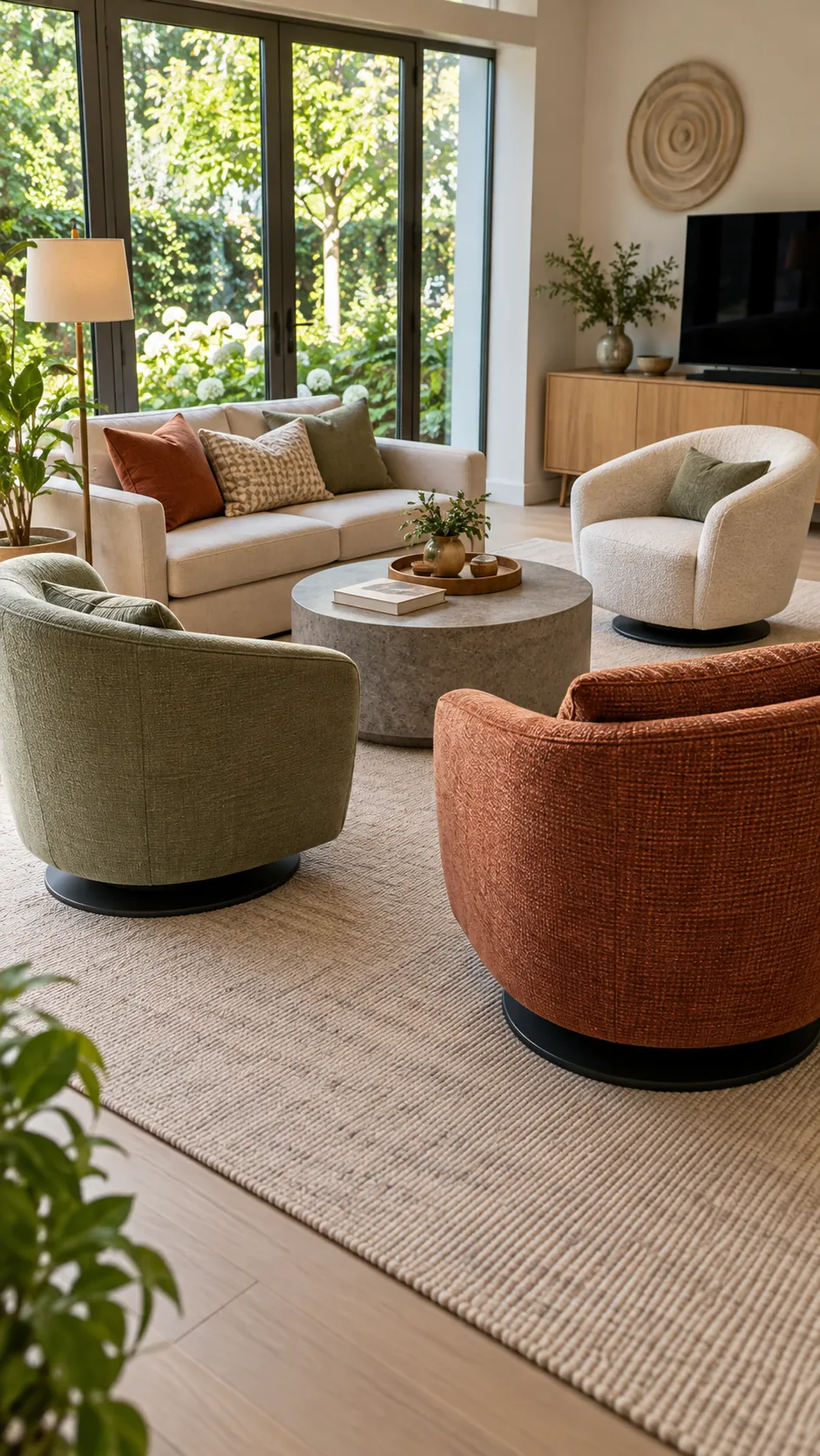 Swivel chairs forming a flexible living room conversation circle