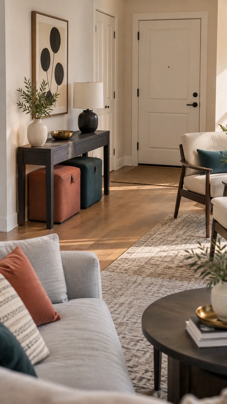 Extra living room stools stored beneath a slim console