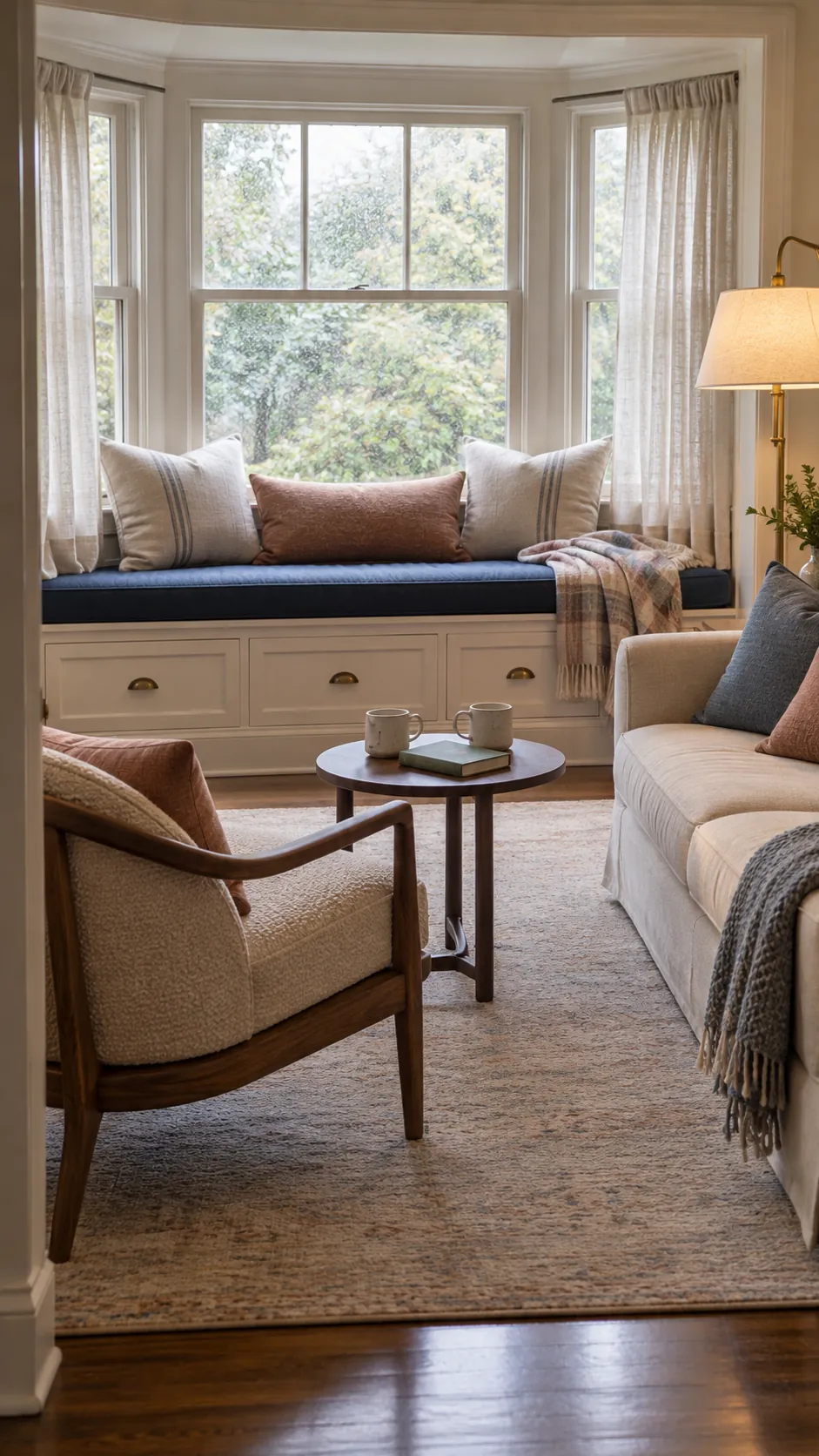 Window seat connected to a sofa and chair conversation group