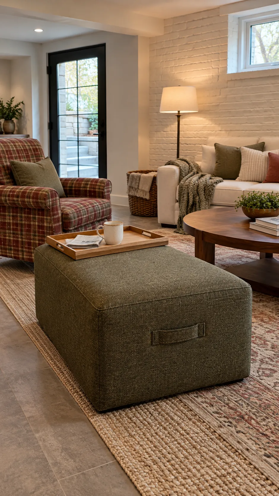Movable ottoman used as flexible family living room seating