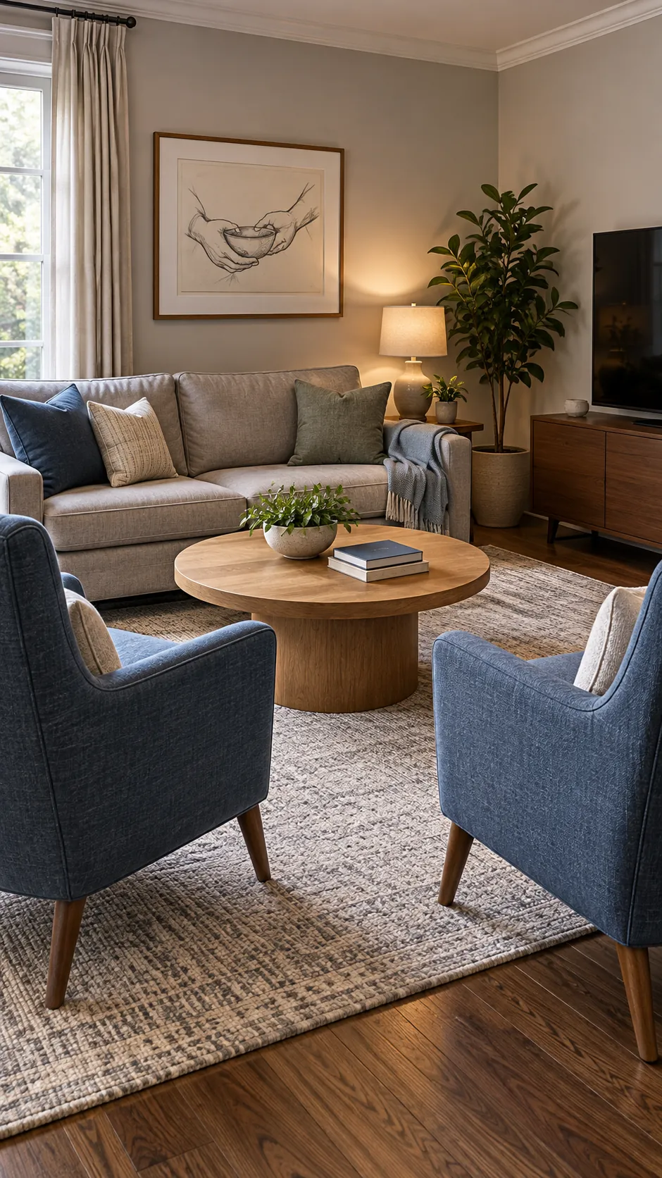 Living room chairs angled toward conversation instead of the television