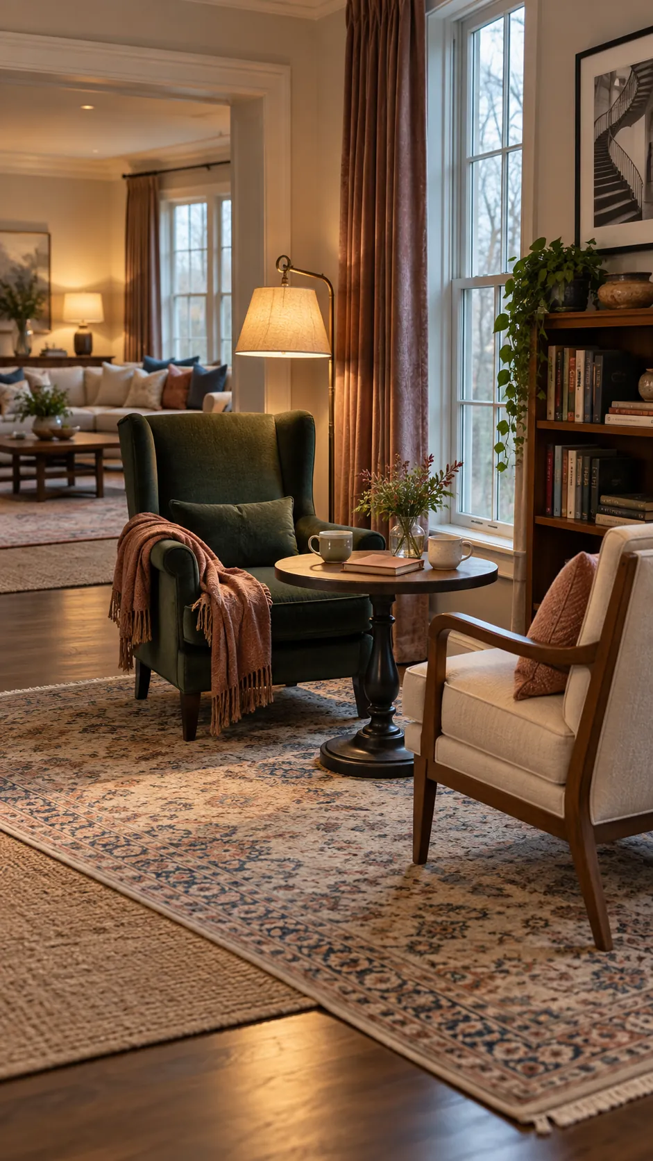 Quiet two chair conversation corner within a family living room