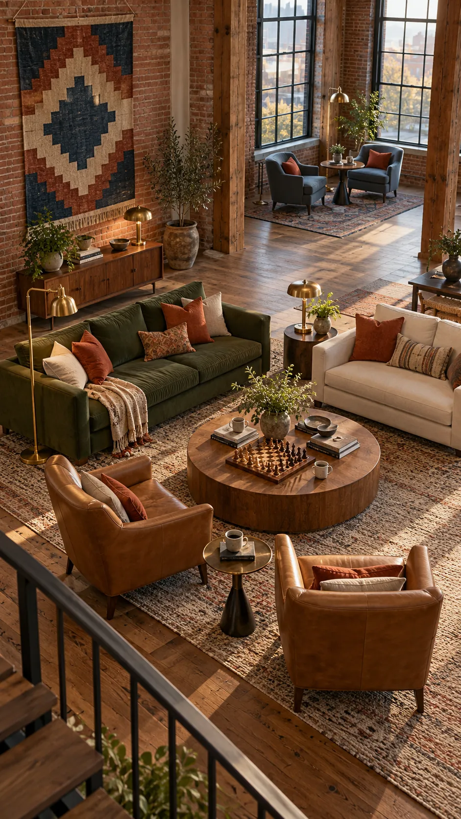 Large living room divided into two connected conversation circles