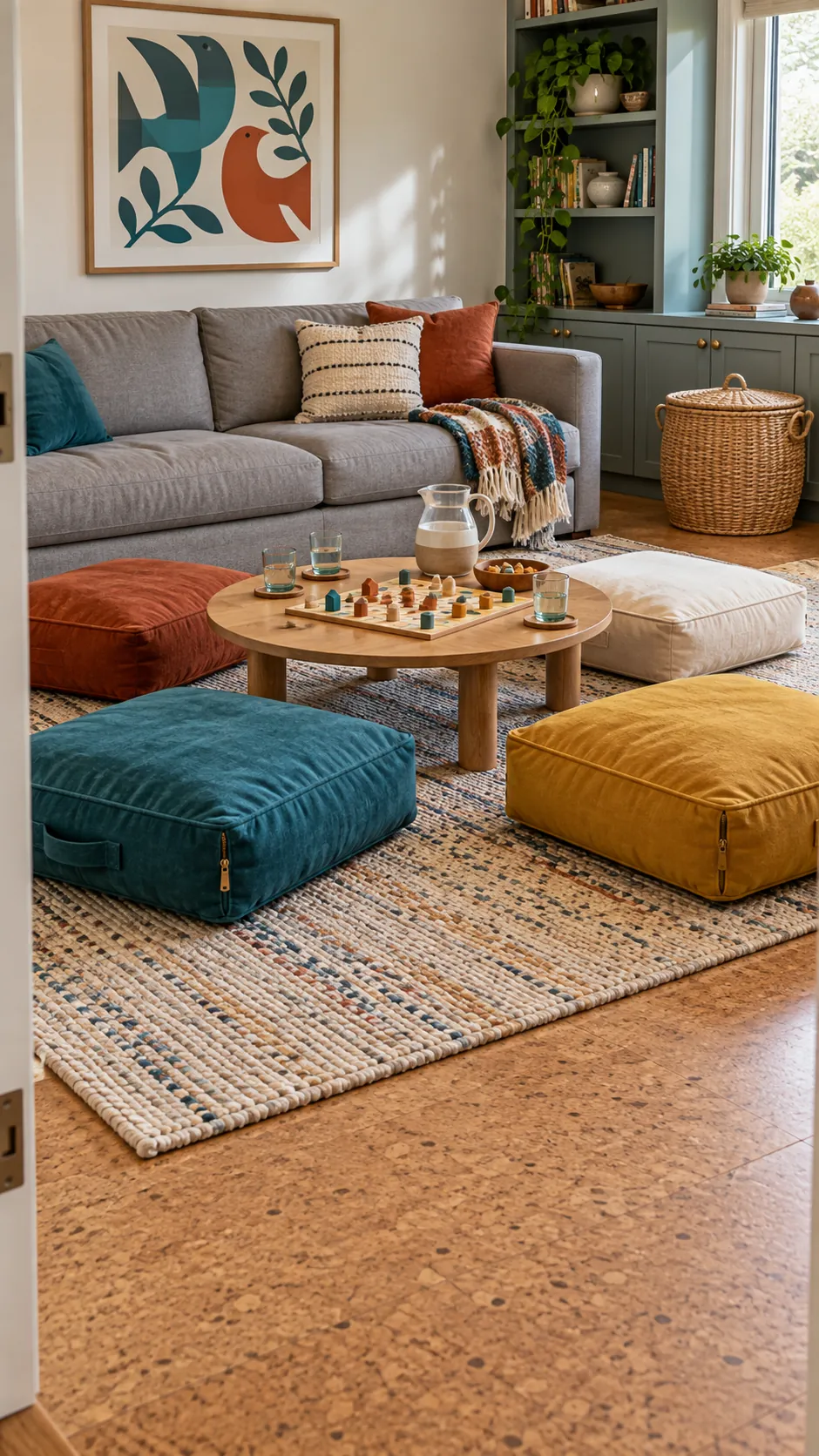 Floor cushions arranged for family games around a low table